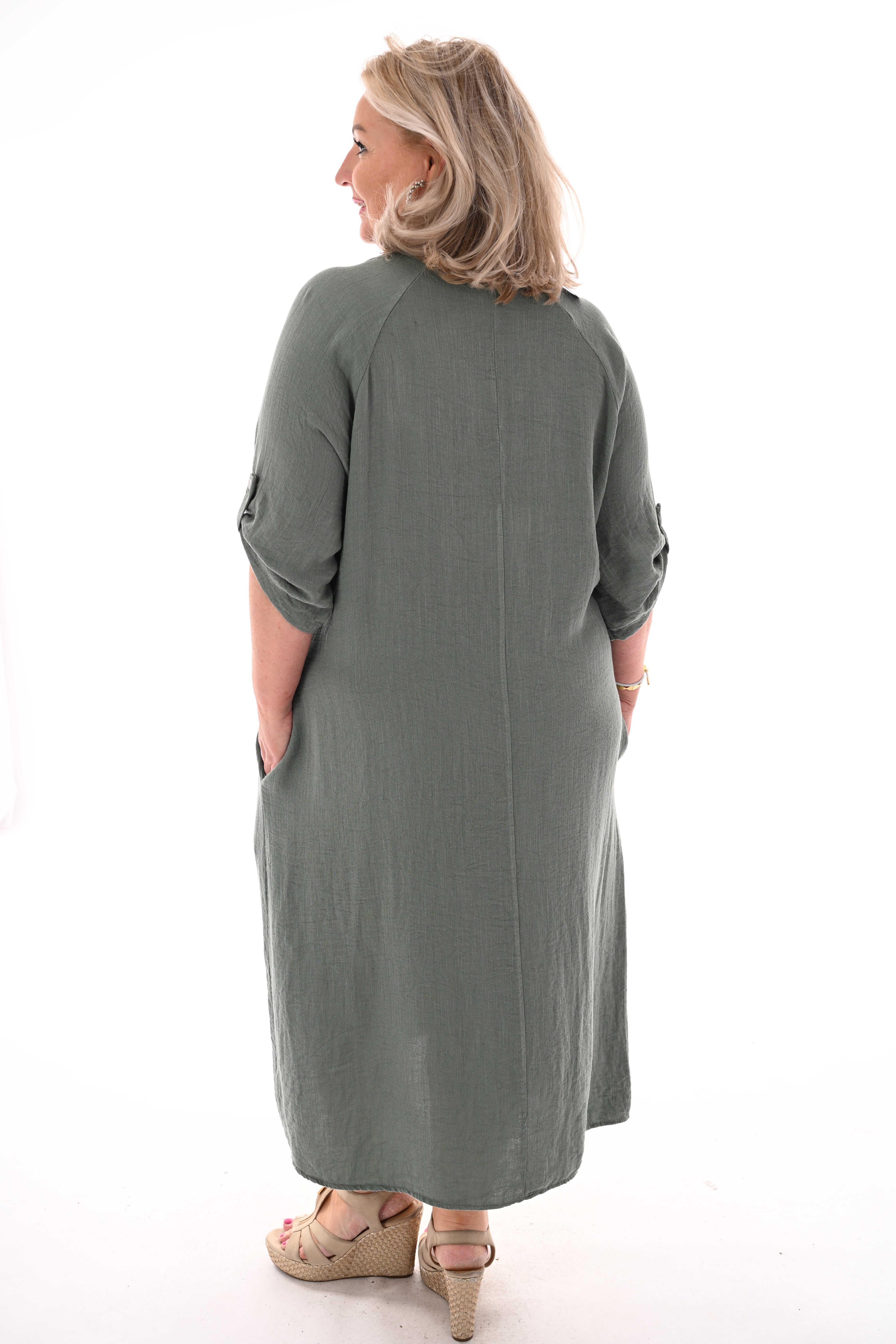 Lange jurk v-hals en ophaalmouwen legergroen