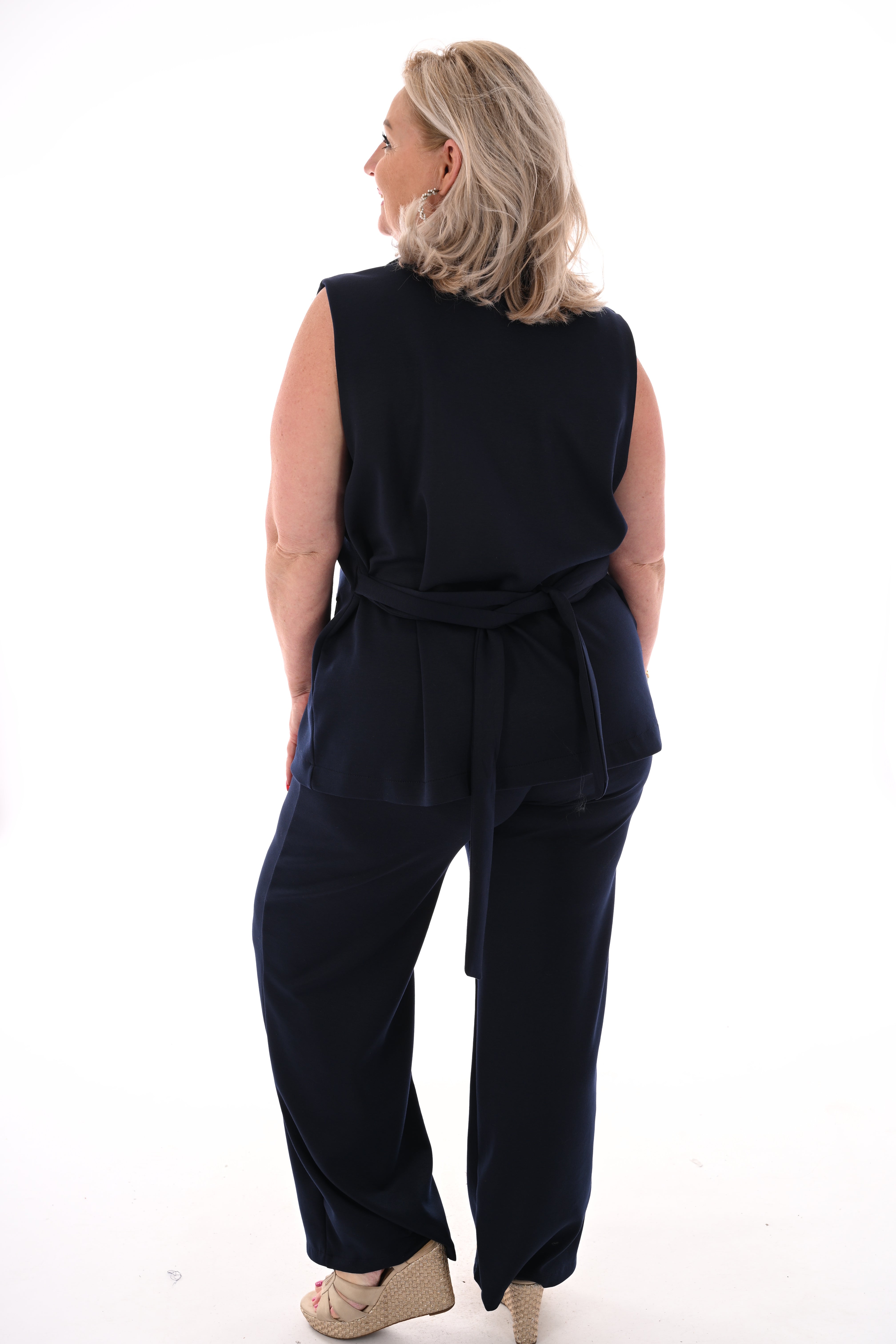Tweedelig set gilet met ceintuur marineblauw