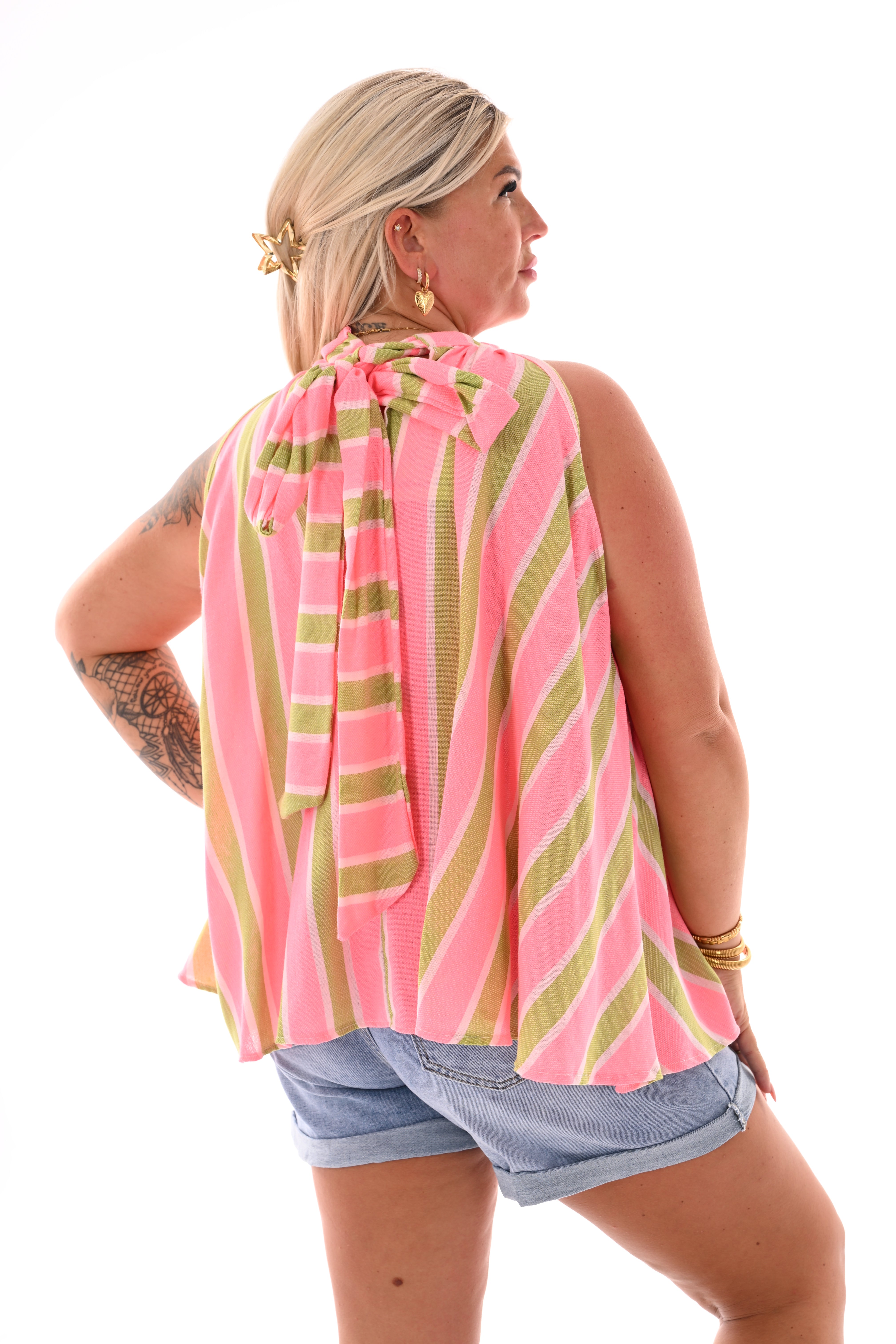 Halter top strepen pistache/roze