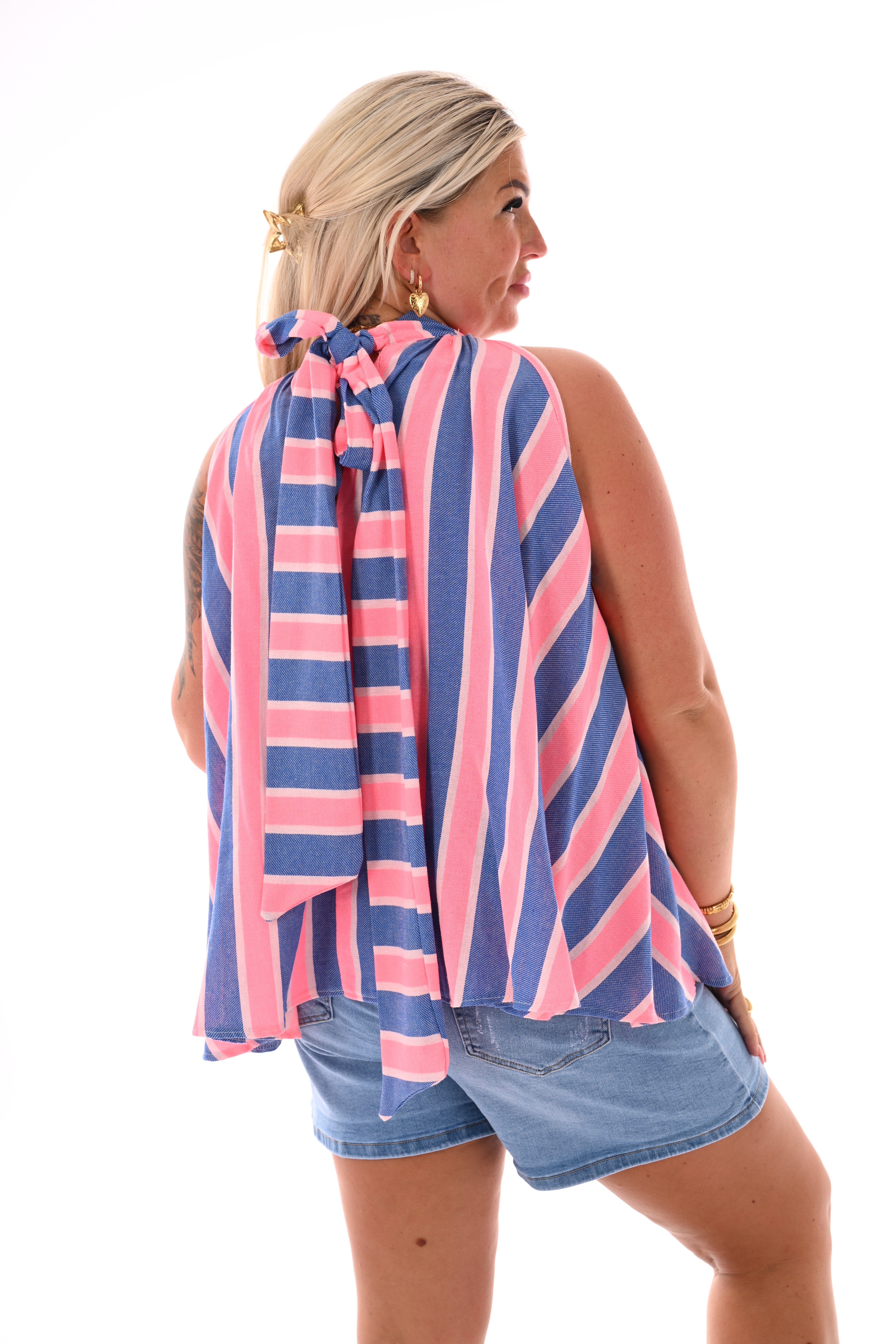 Halter top strepen blauw/felroze