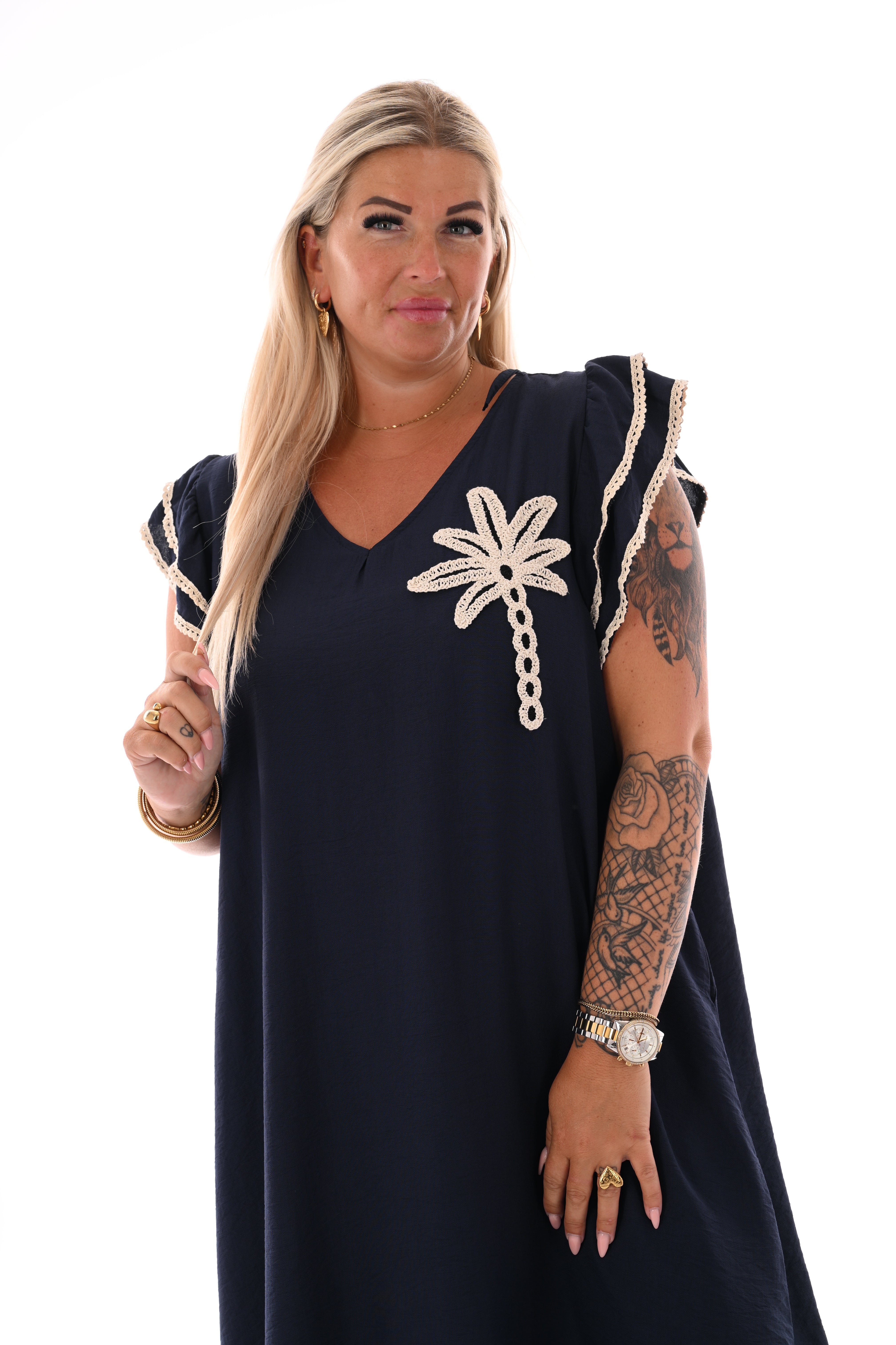 Jurk palmboom en roezelmouwen marineblauw