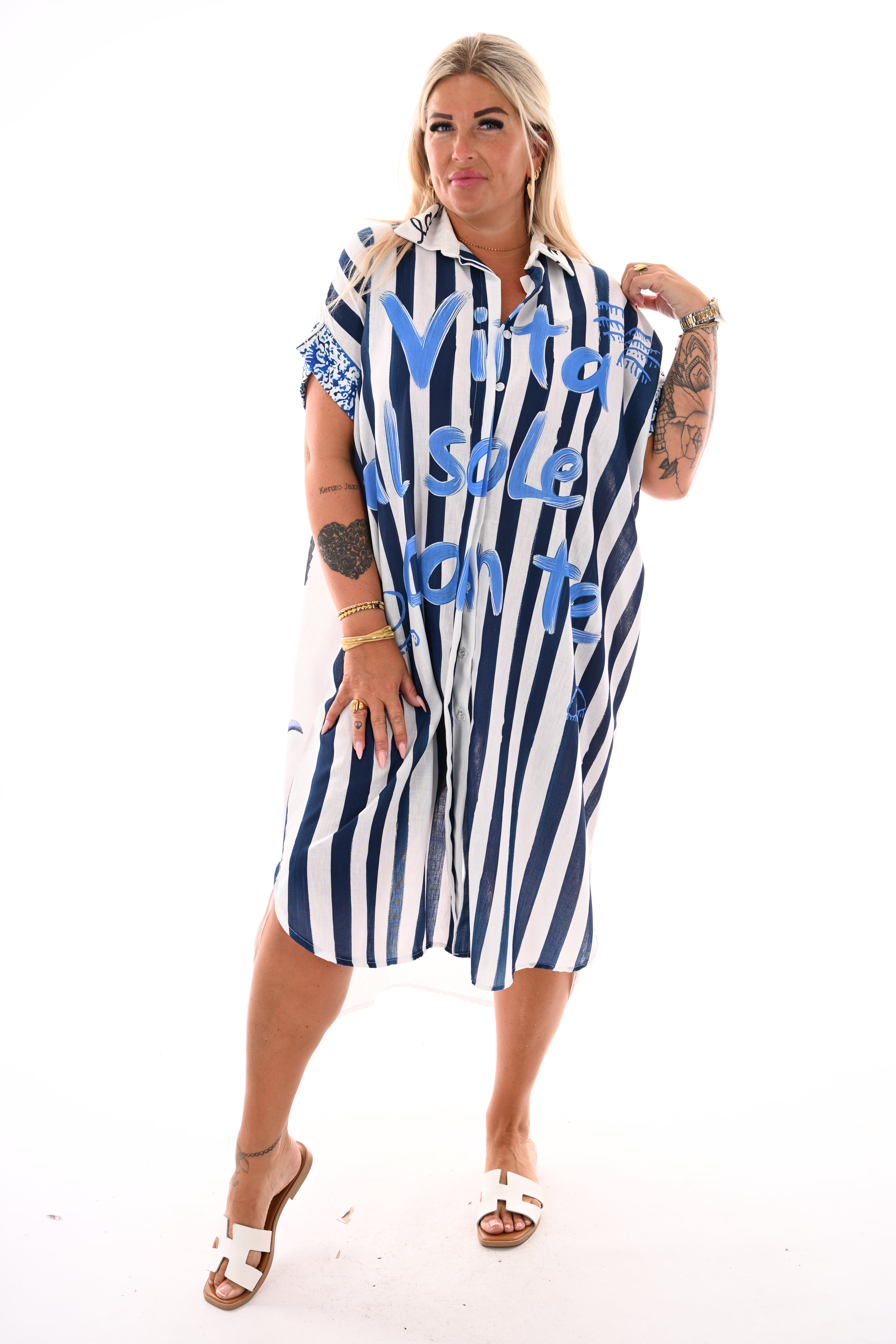 Lange blouse jurk strepen/krab marineblauw