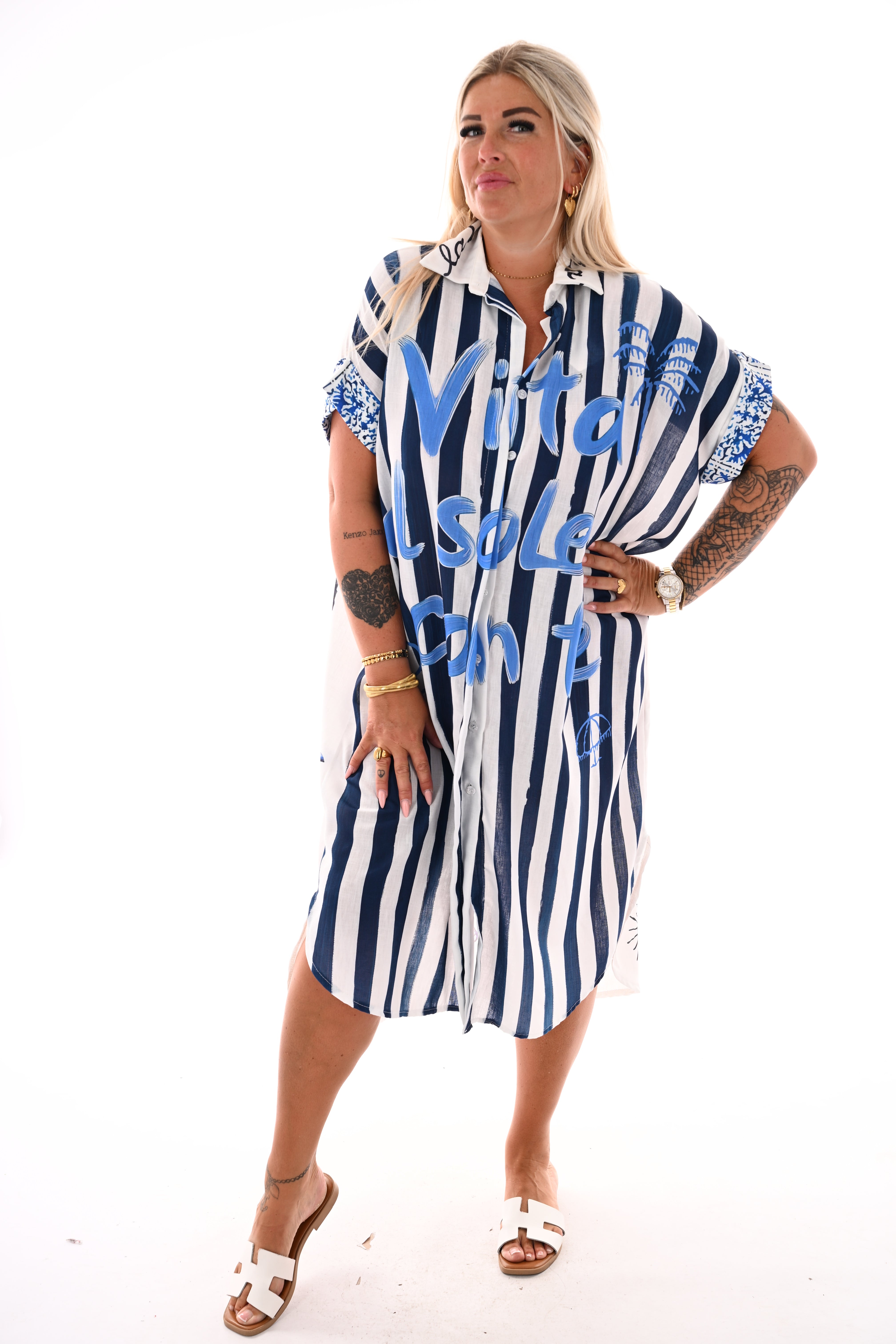 Lange blouse jurk strepen/krab marineblauw