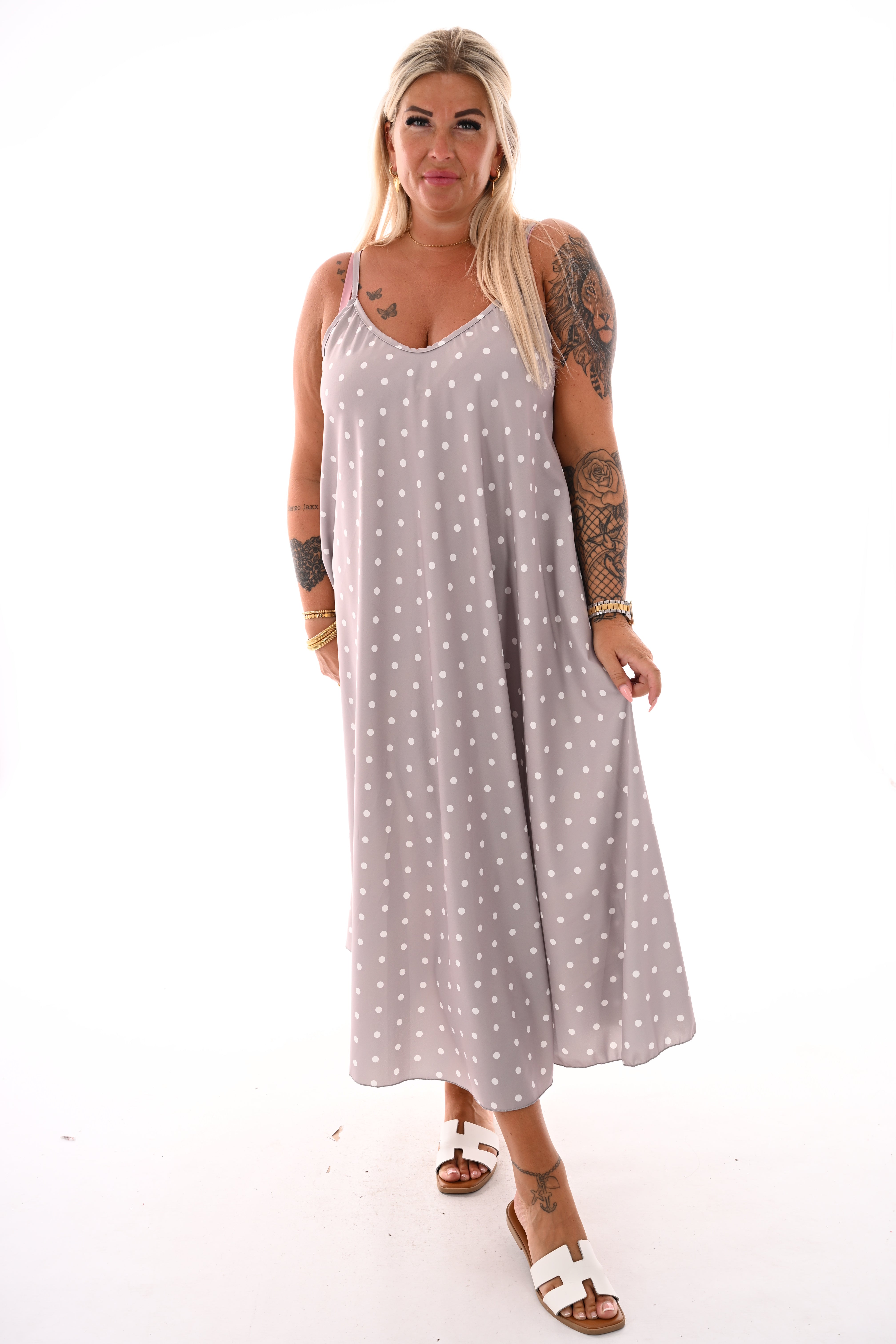 Jurk spaghetti bandjes en stippen taupe