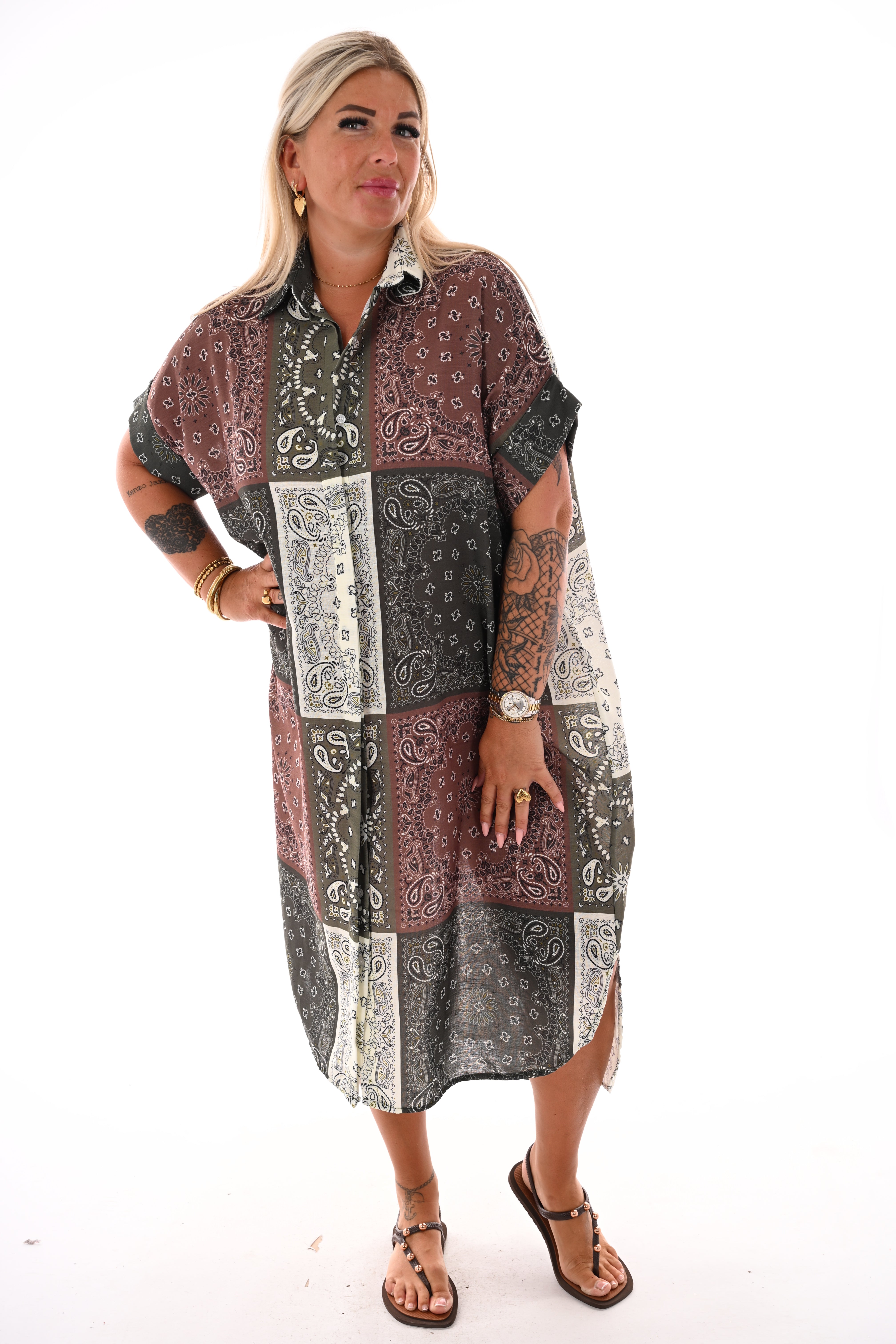 Lange doorknoop blouse paisley legergroen