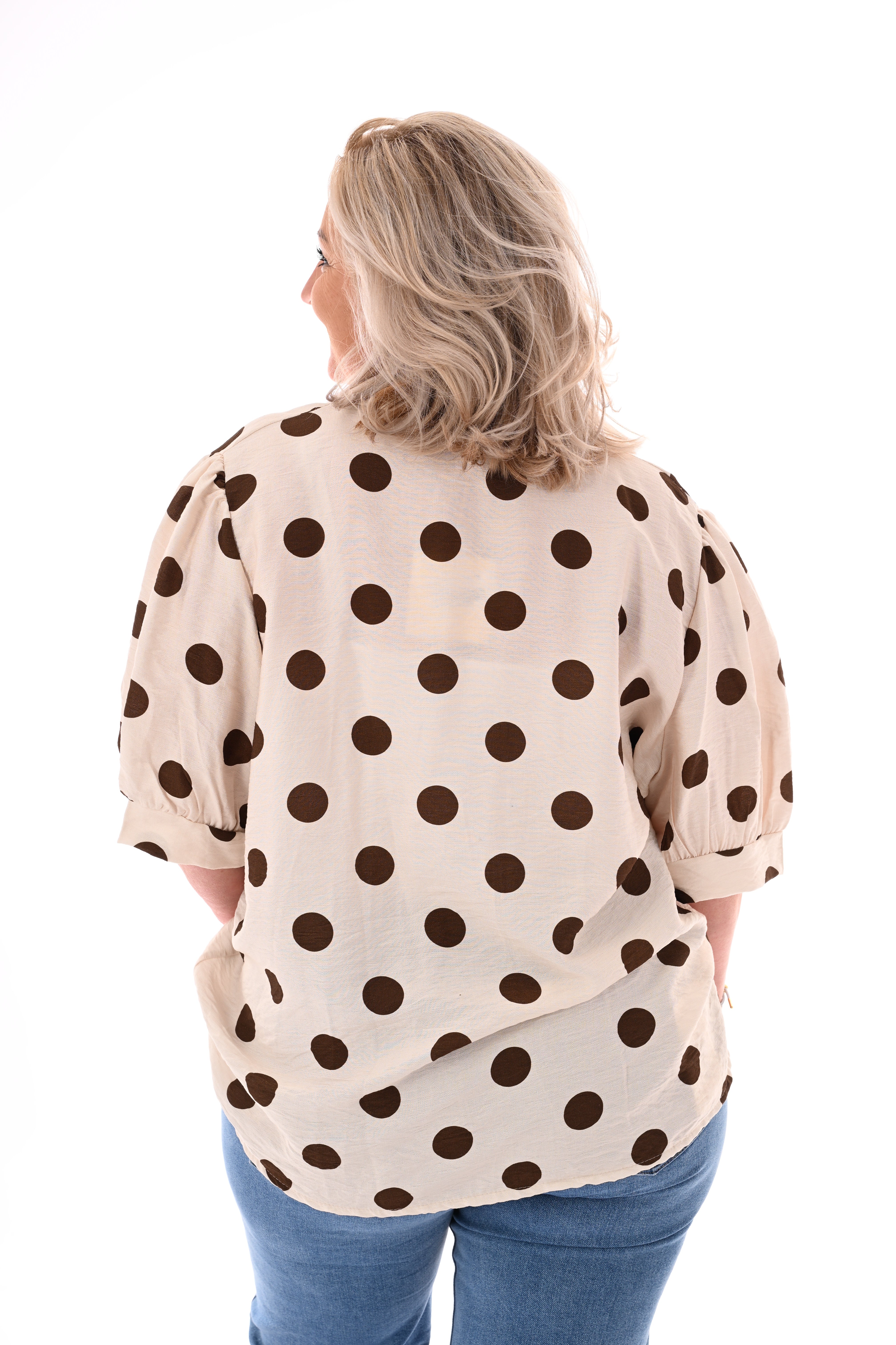 Blouse dots korte pofmouwen beige