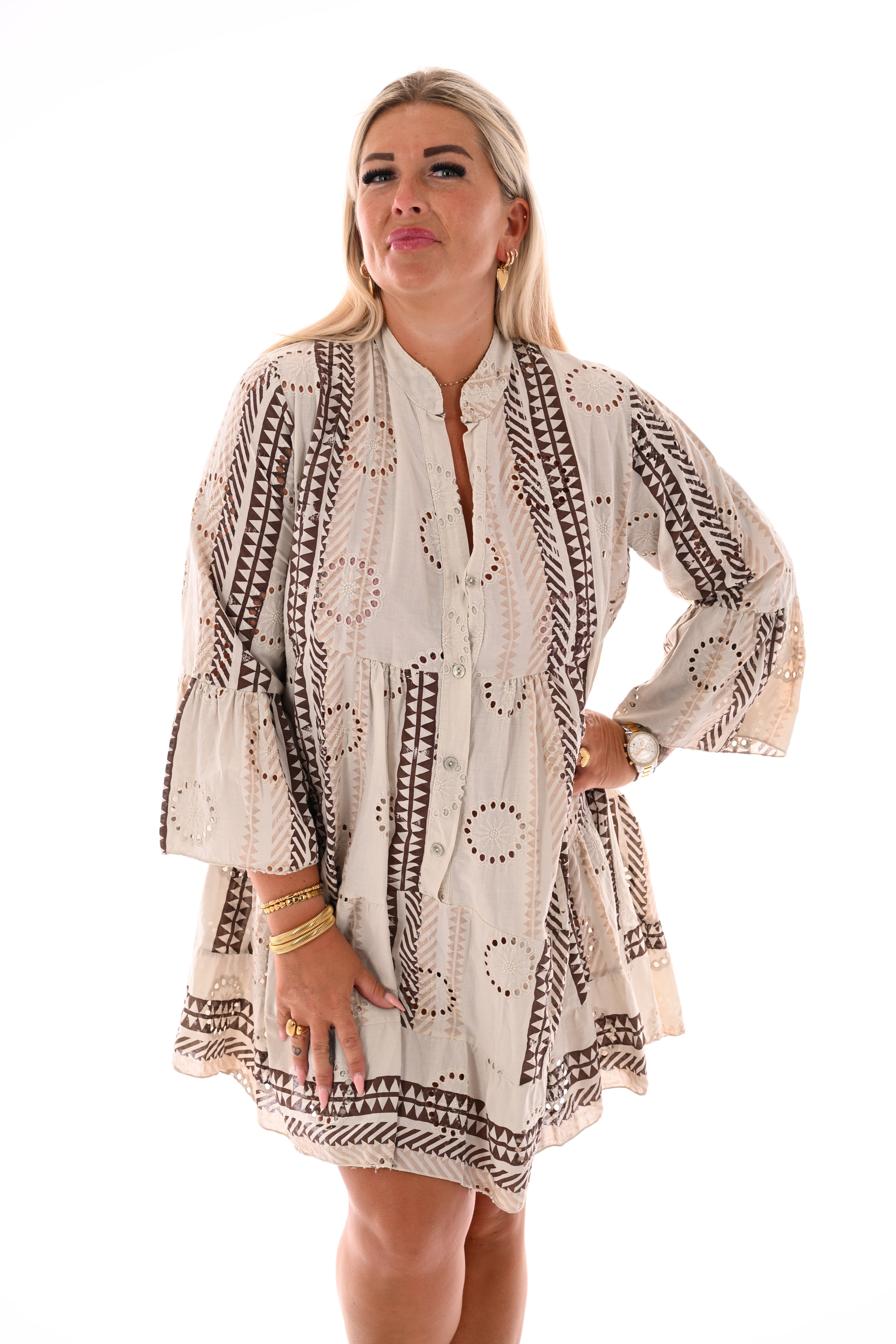Tuniek broderie bloemen met v-hals beige/bruin