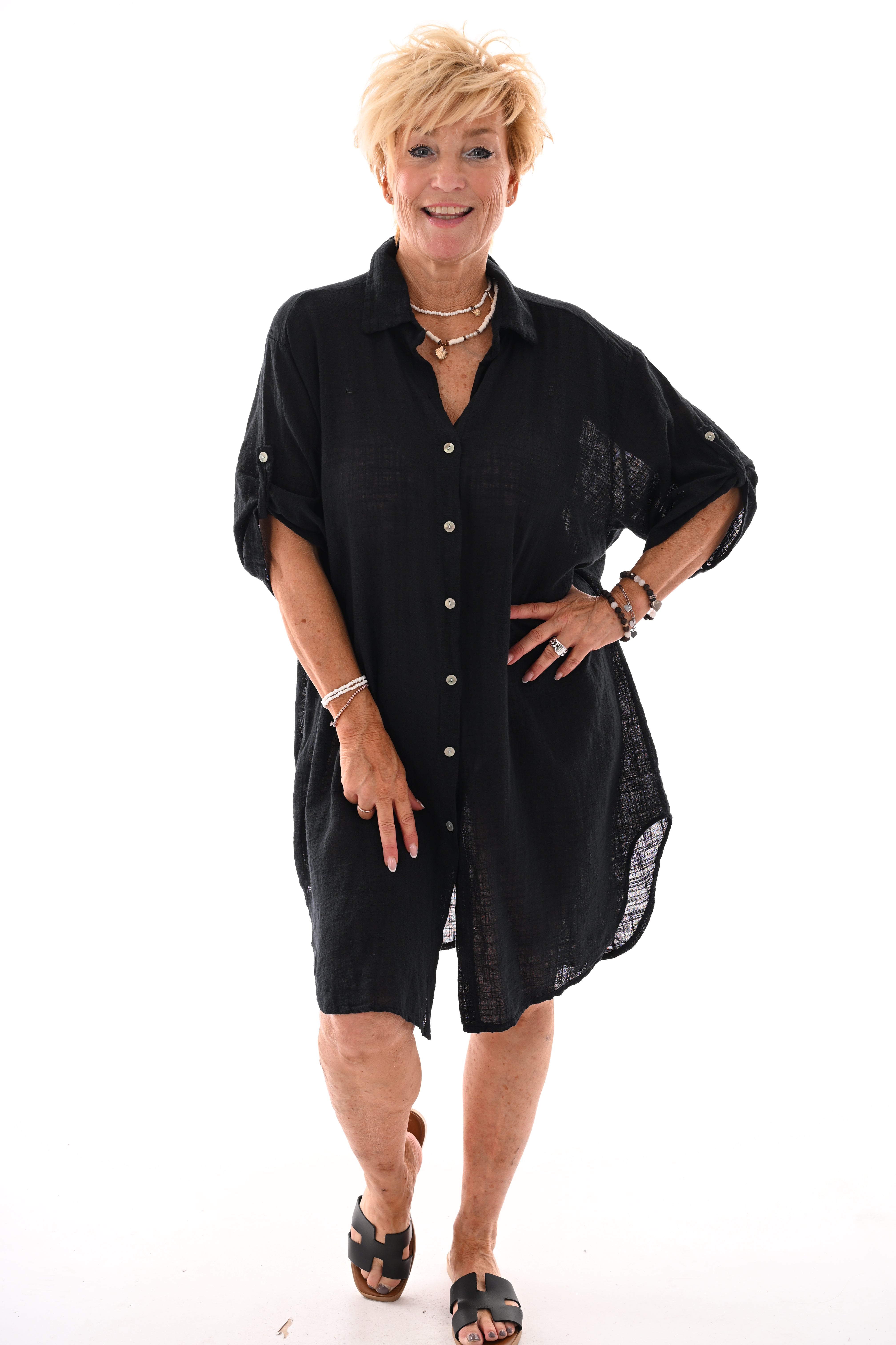 Lange blouse ophaalmouwen uni zwart