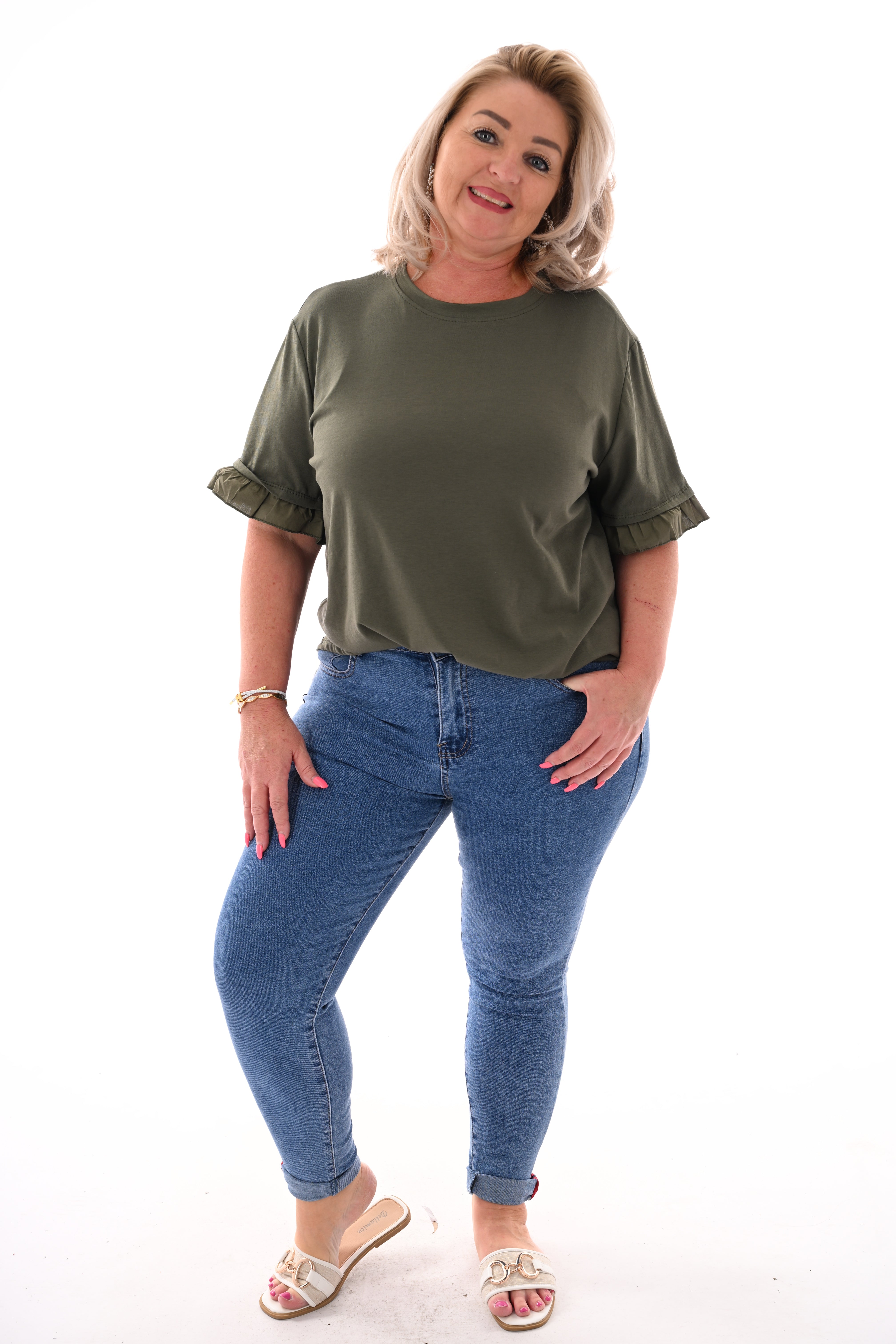 T-shirt roezelmouwen uni legergroen