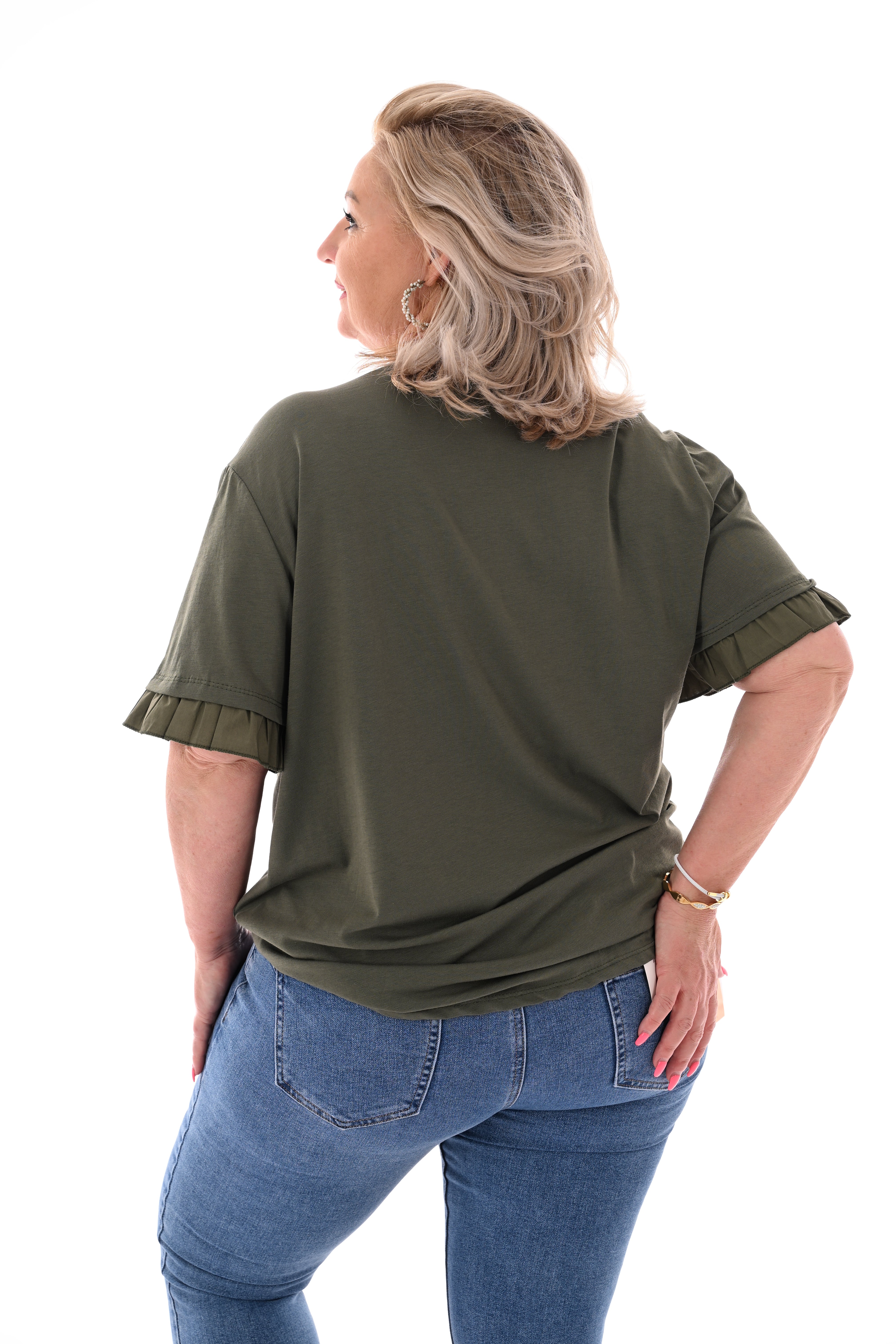 T-shirt roezelmouwen uni legergroen