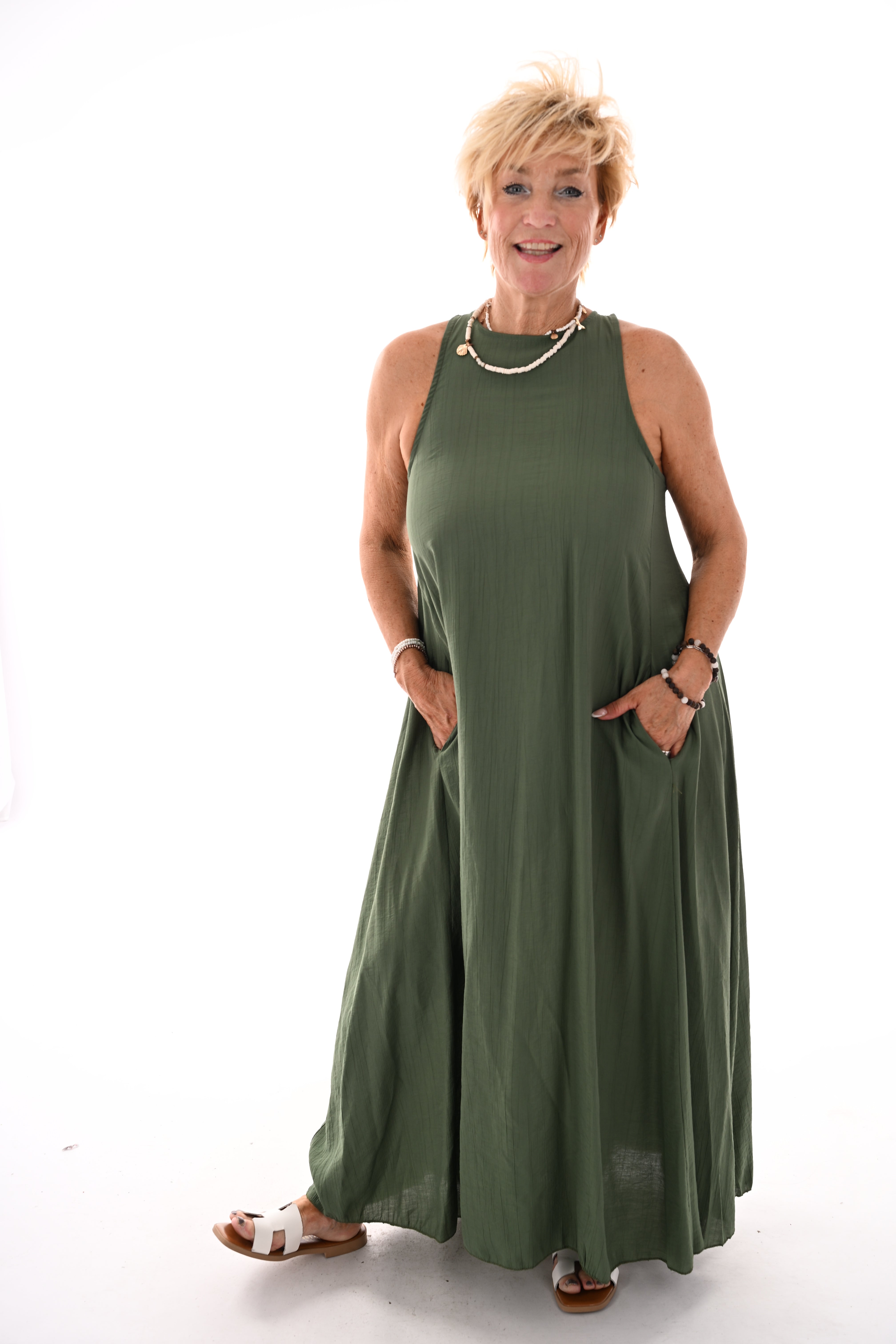 Lange jurk open rug uni olijfgroen