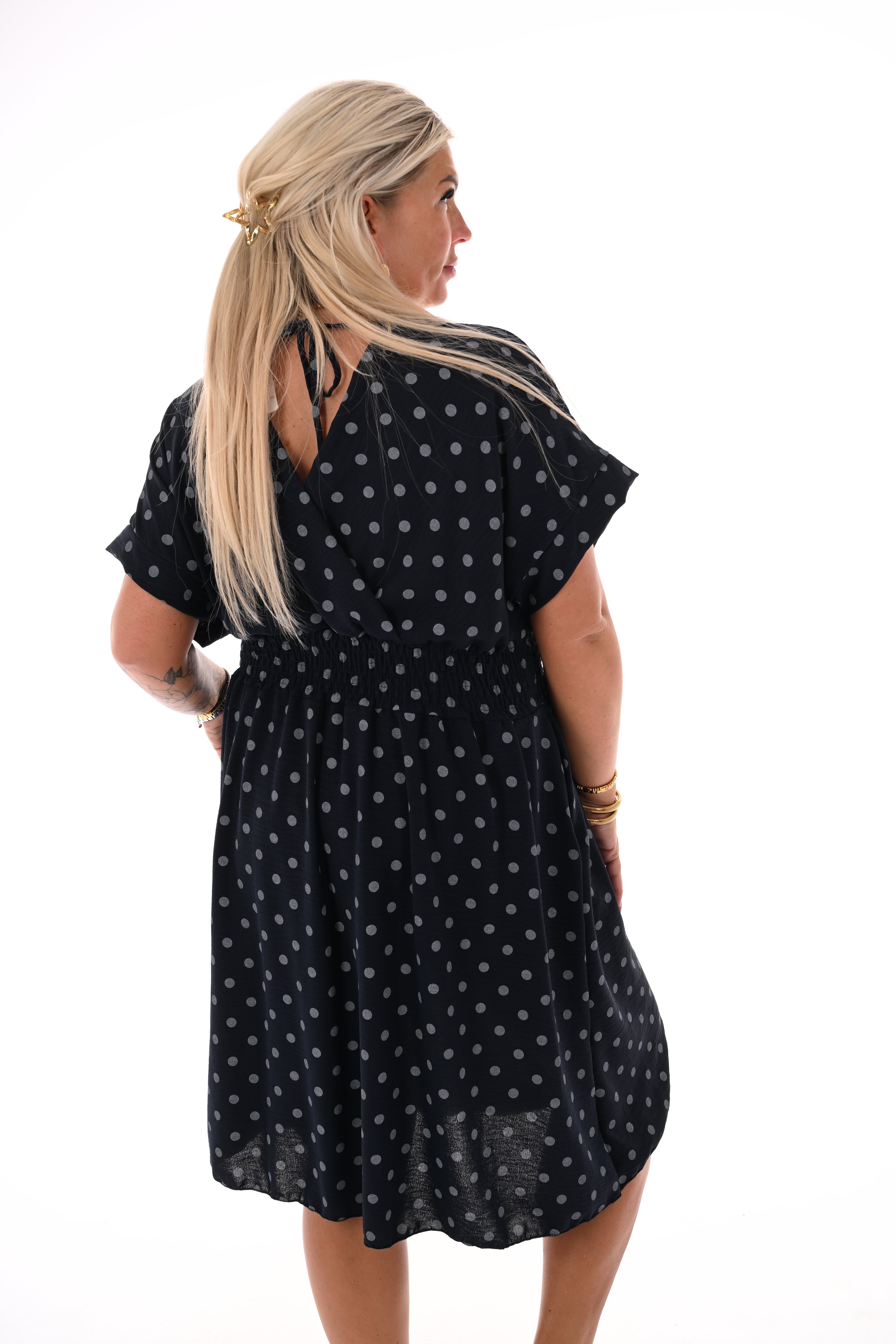 Jurk dots met v-hals marineblauw
