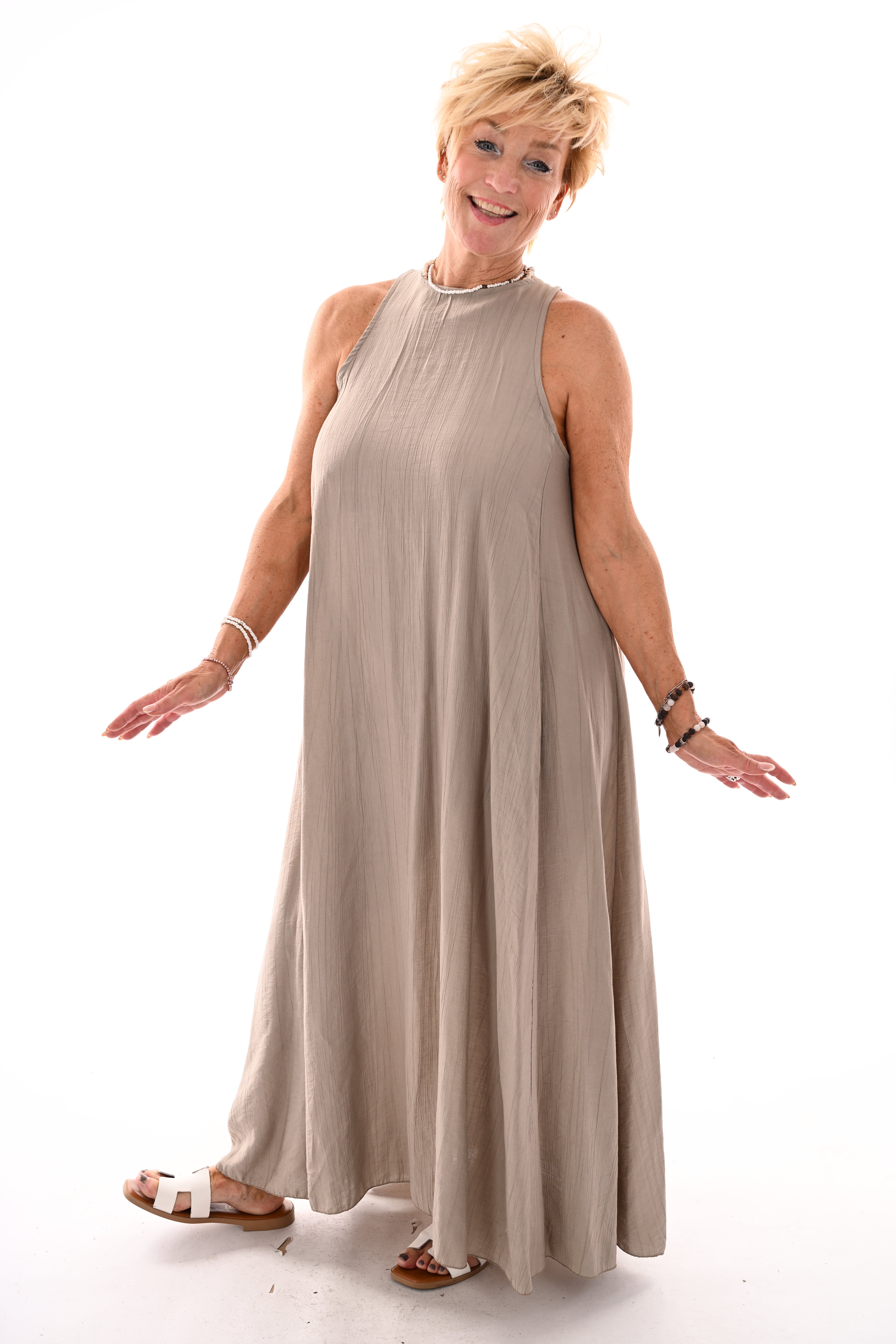 Lange jurk open rug uni taupe