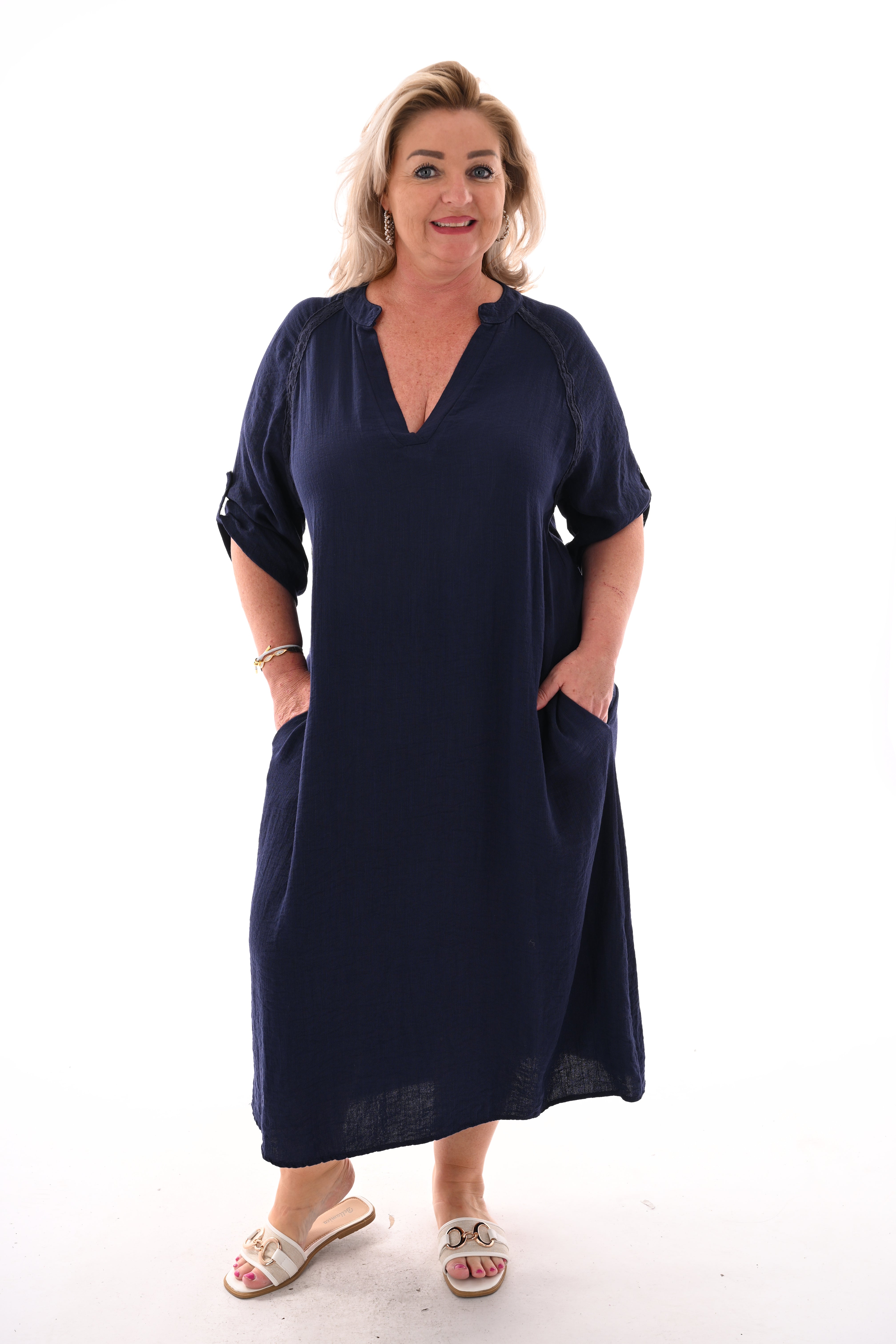 Lange jurk v-hals en ophaalmouwen marineblauw