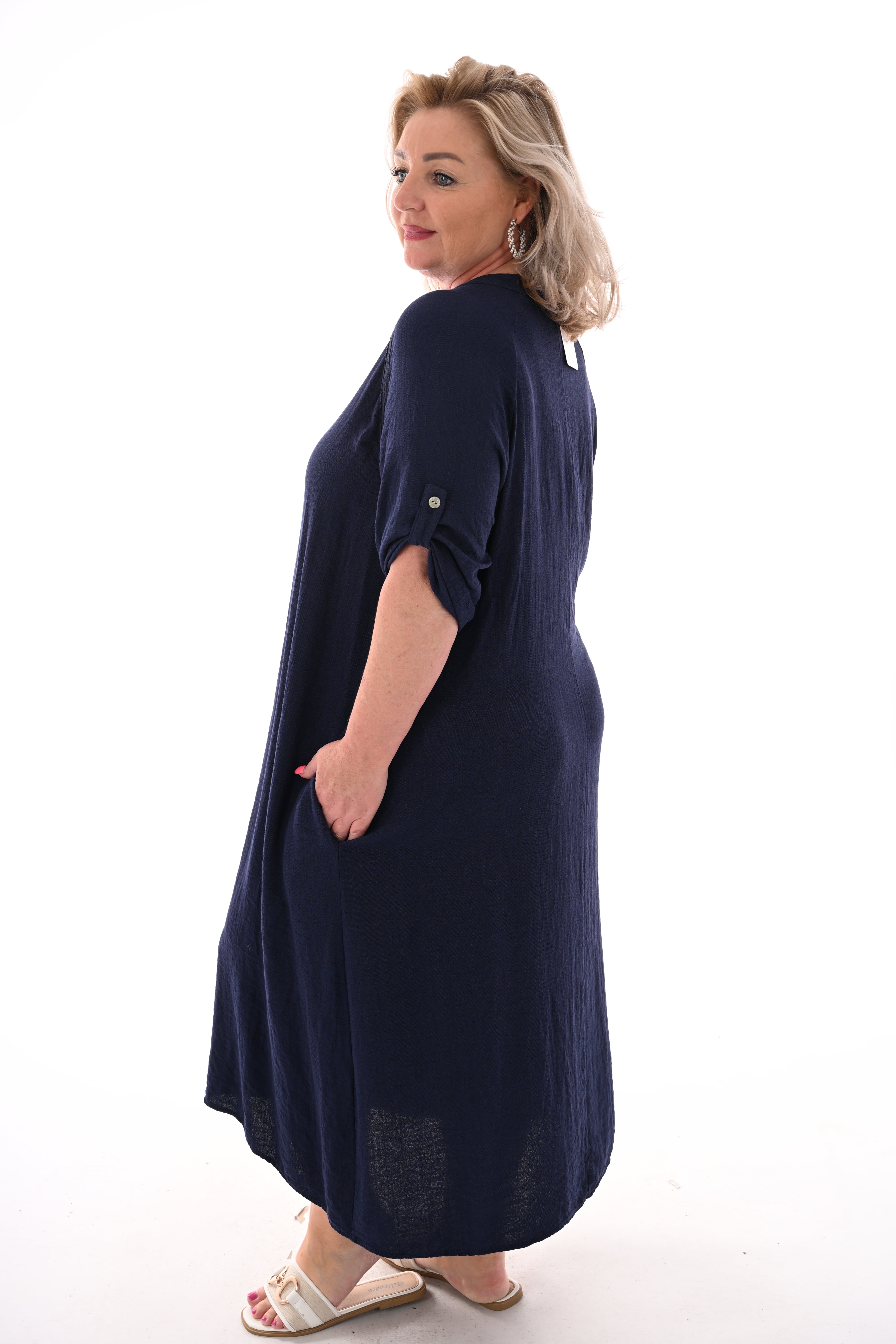 Lange jurk v-hals en ophaalmouwen marineblauw