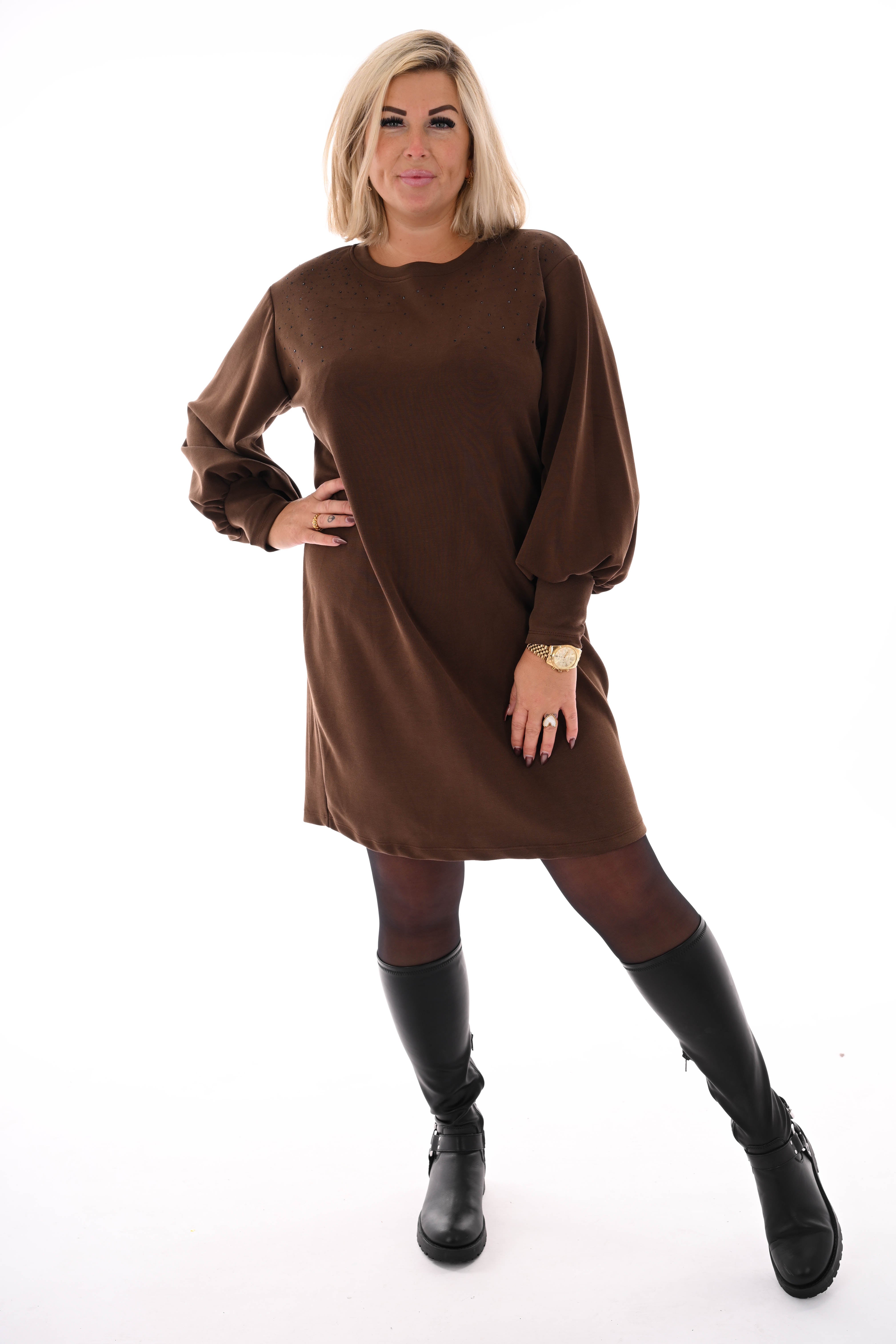 Tuniek met strass pofmouwen donkerbruin