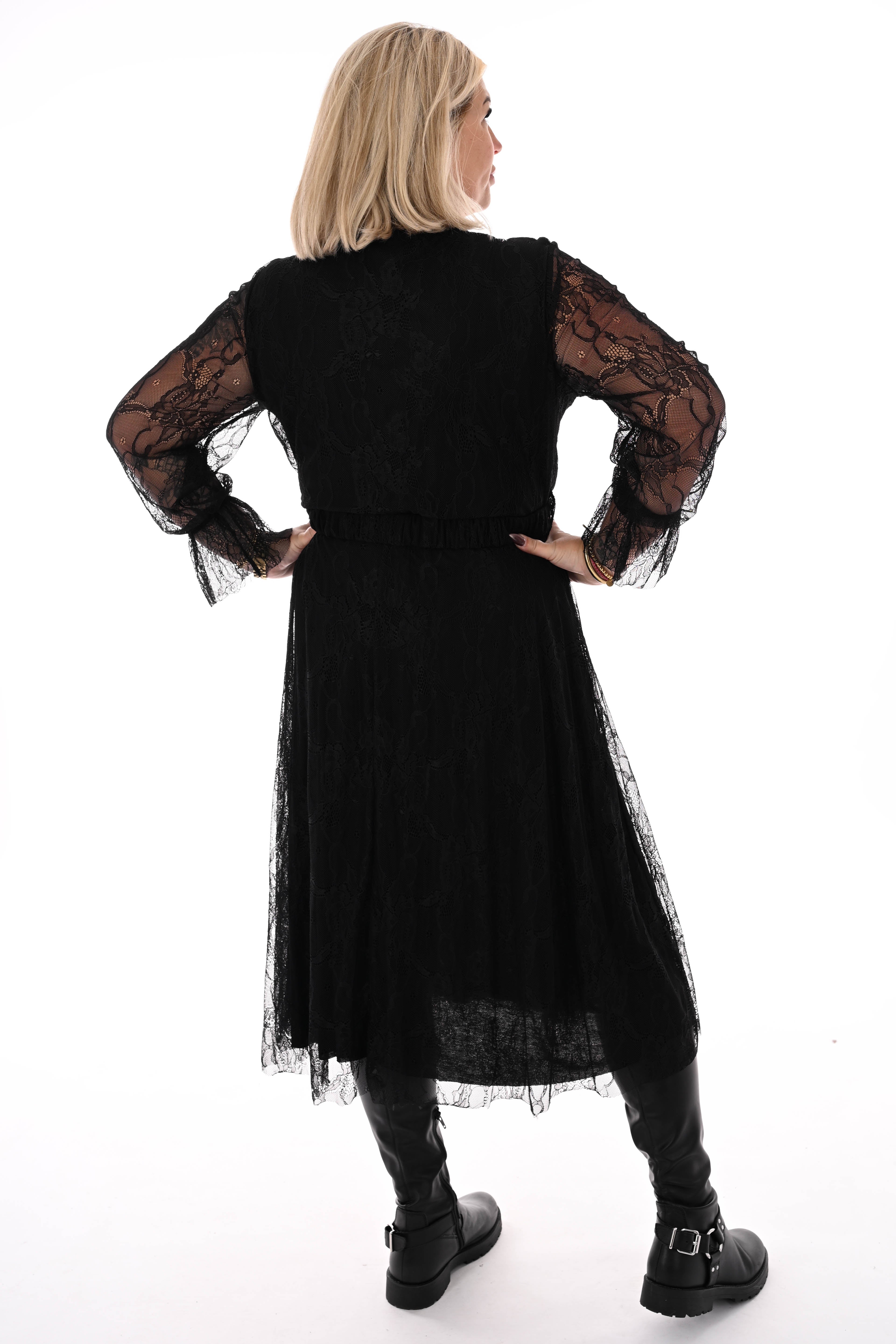 Half lange kanten jurk met riem zwart