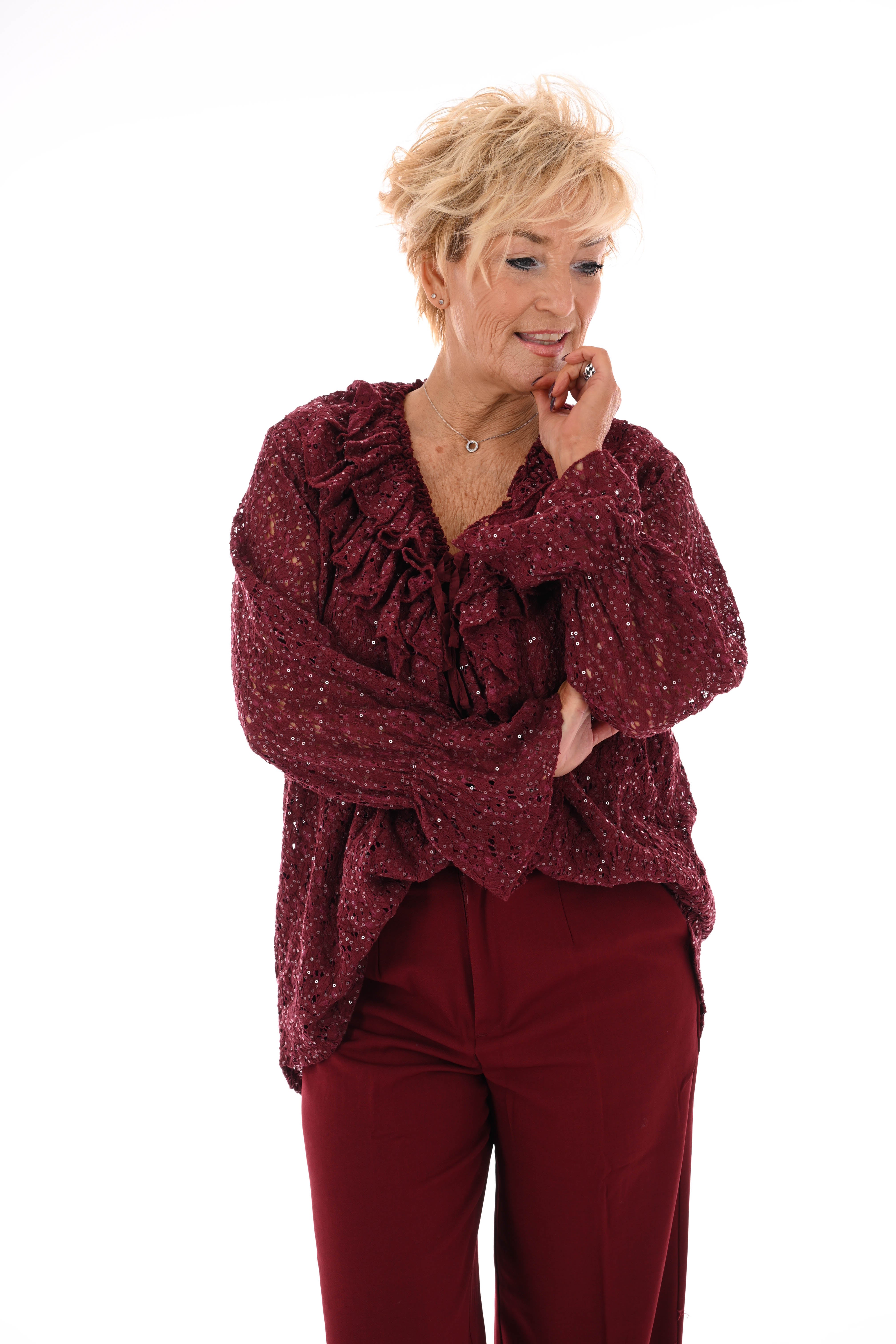 Top roezels kant en pailletten bordeaux