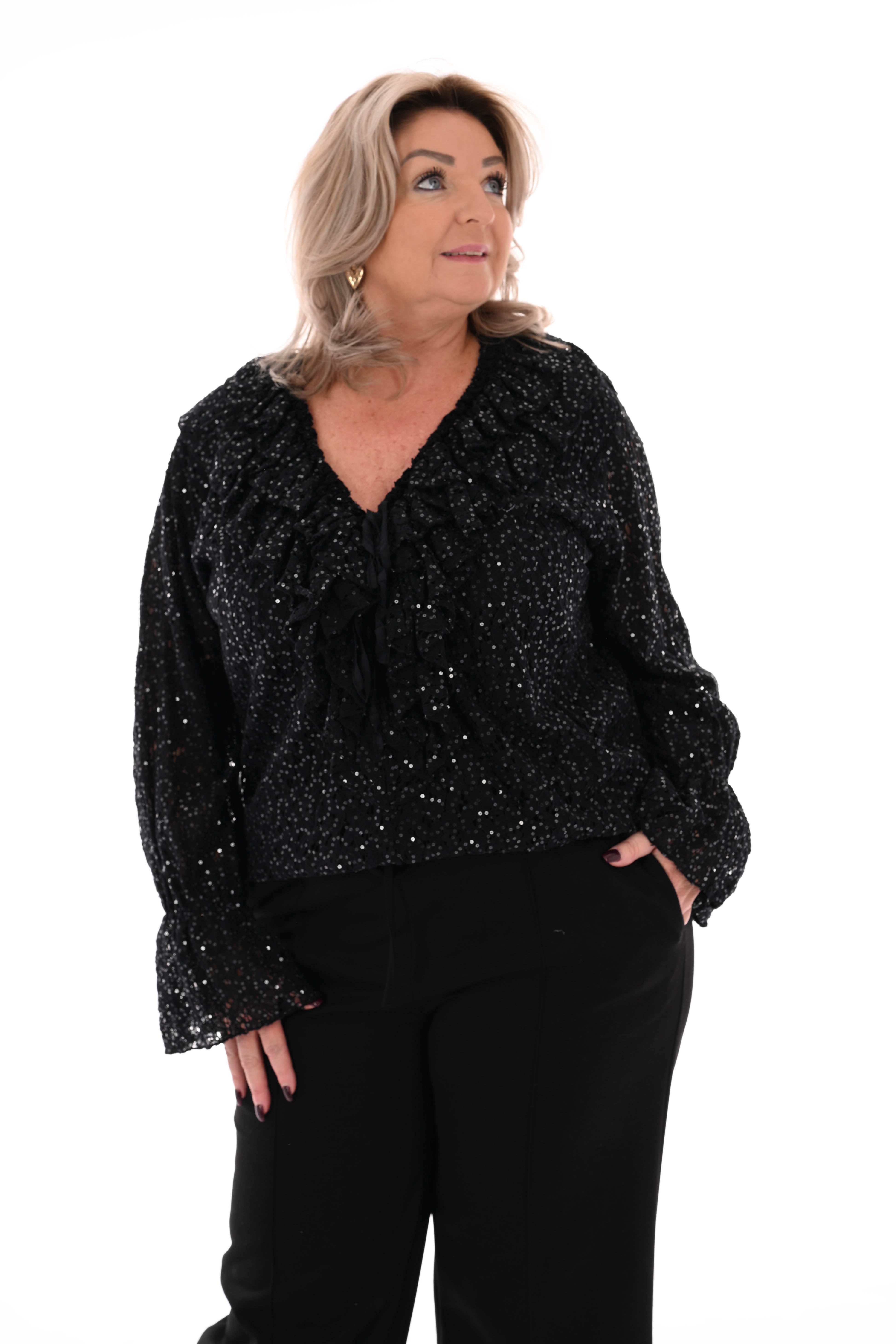 Top roezels kant en pailletten zwart