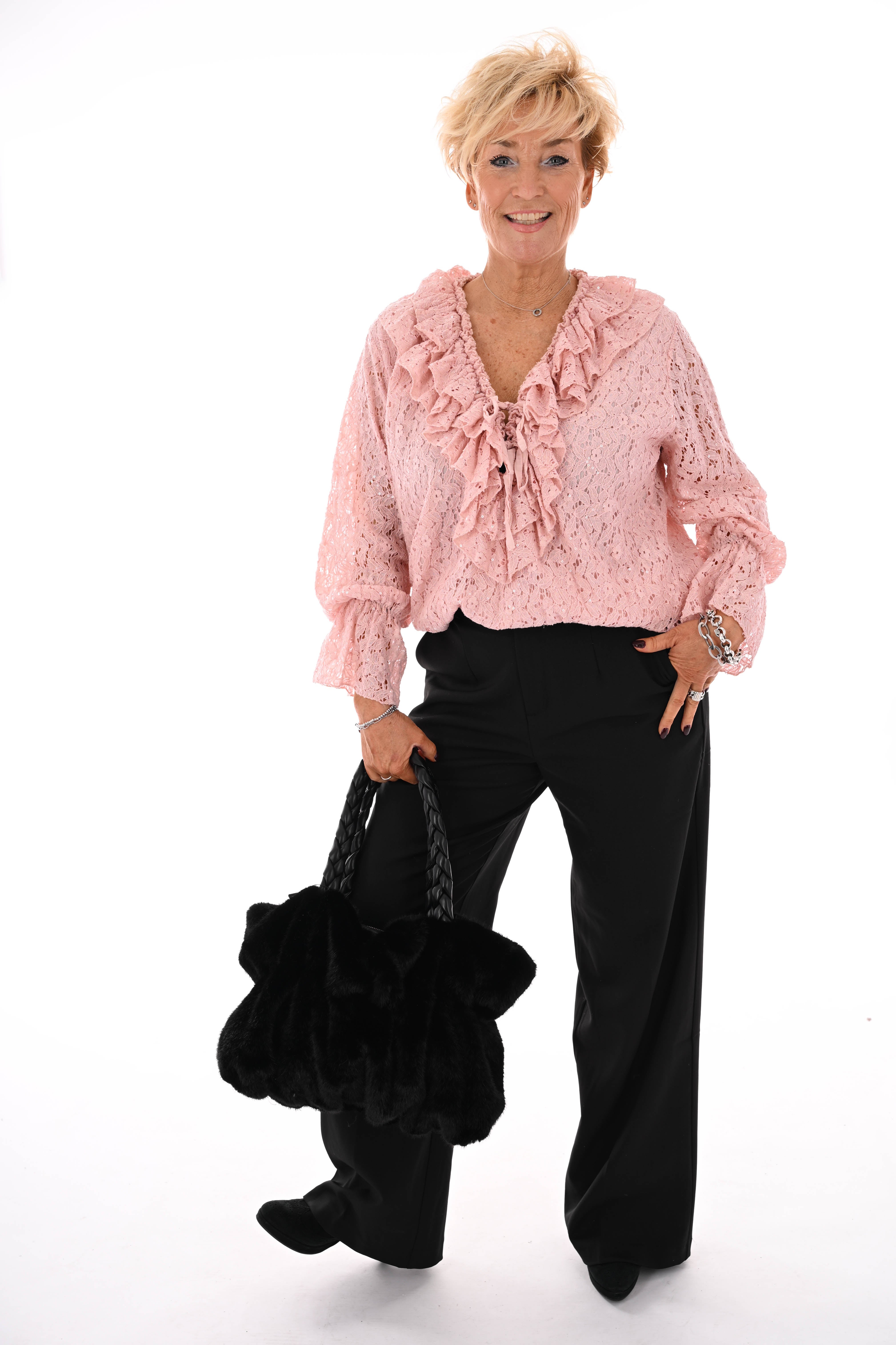 Handtas faux fur groot gevlochten handvat zwart