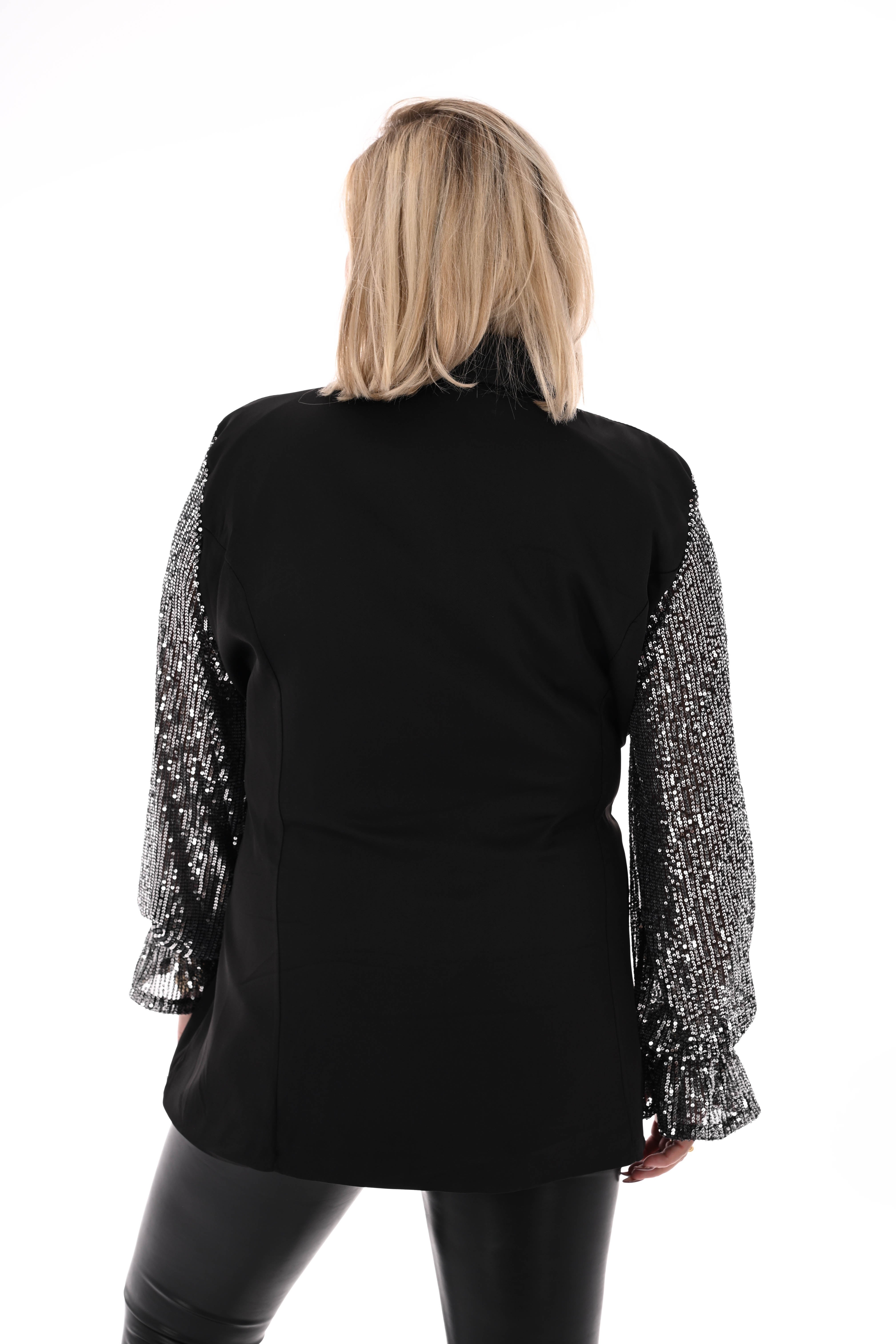 Blazer met strik pailletten mouwen zwart/zilver