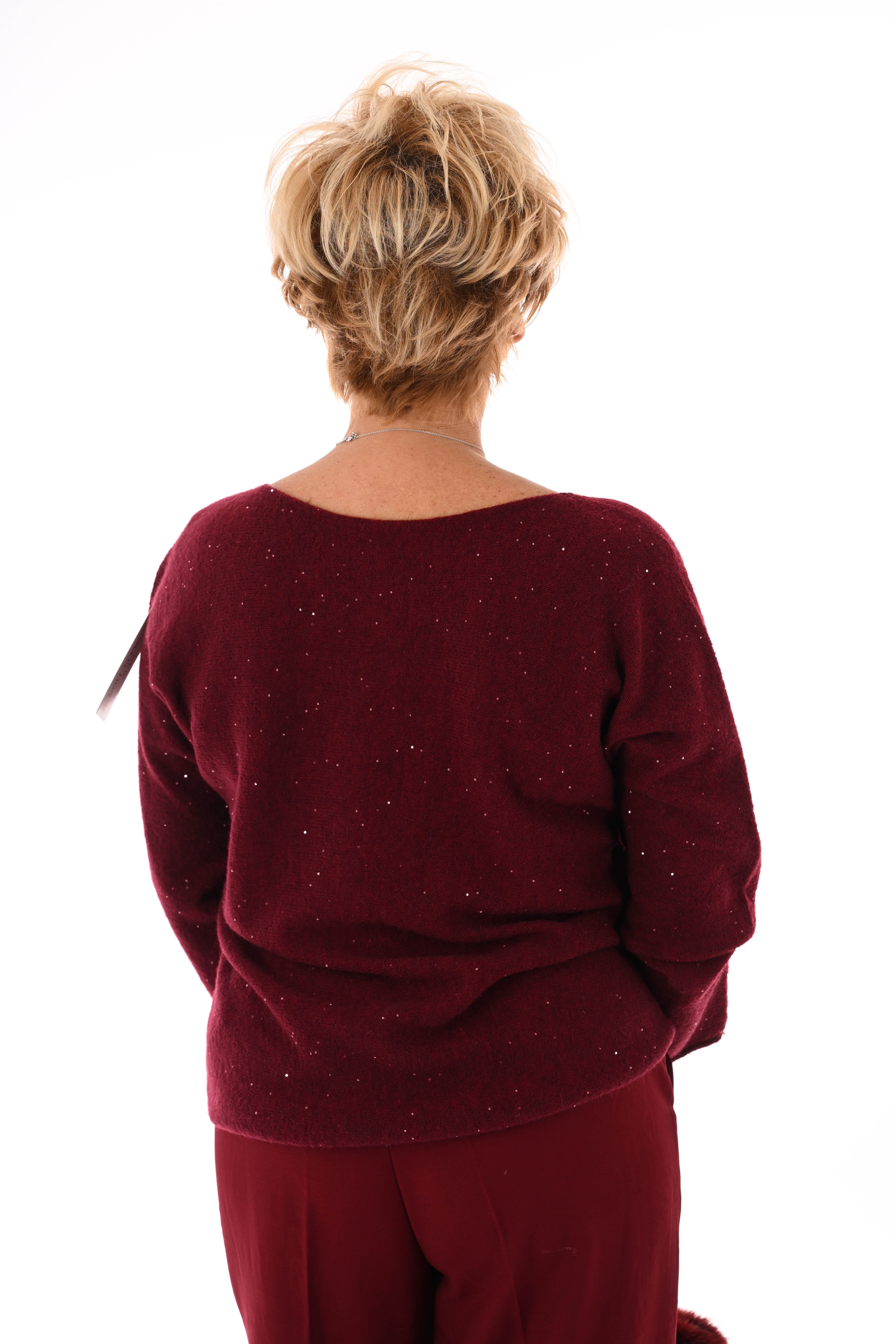 Fijn gebreide trui ronde hals pailletjes bordeaux