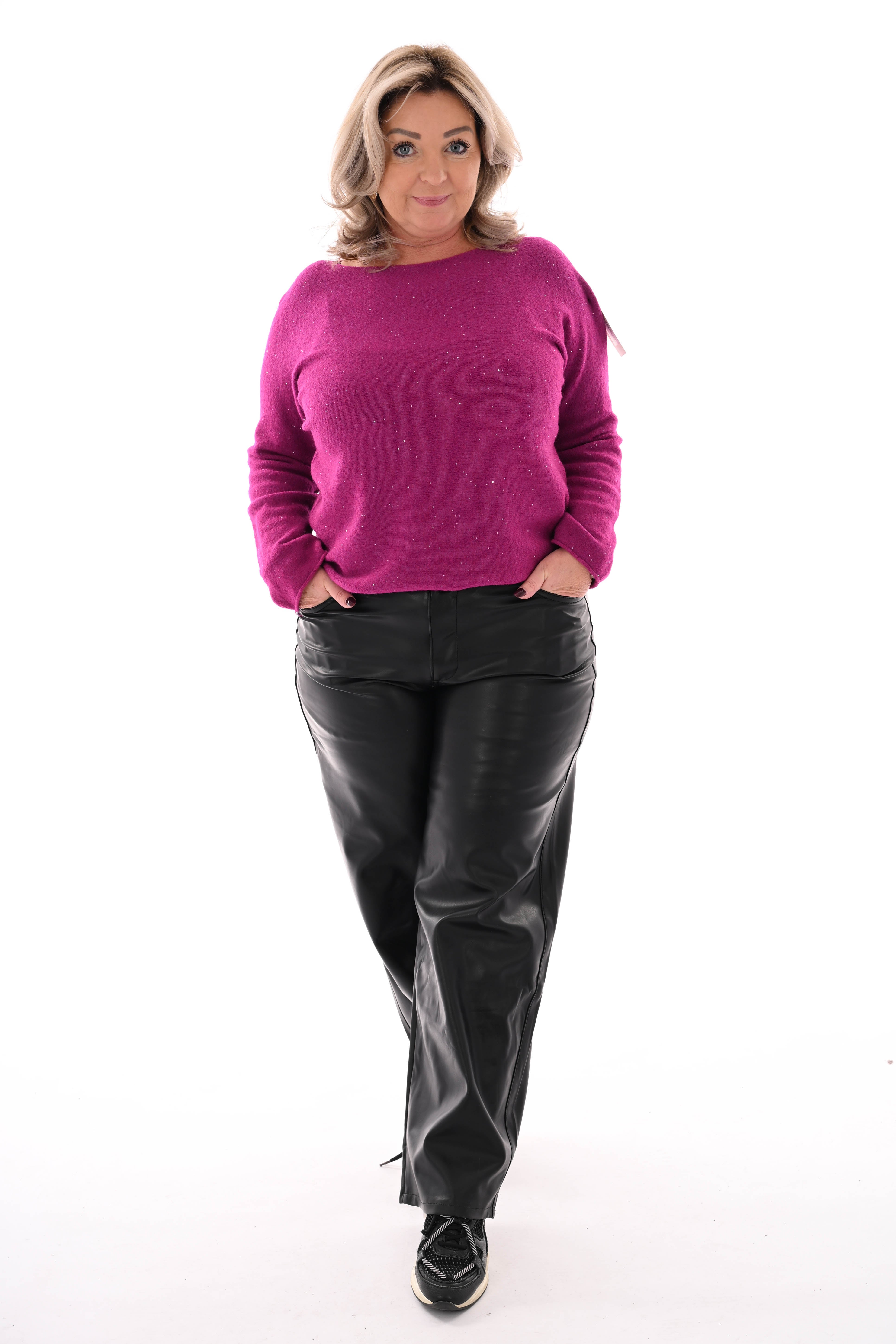 Fijn gebreide trui ronde hals pailletjes cyclaam