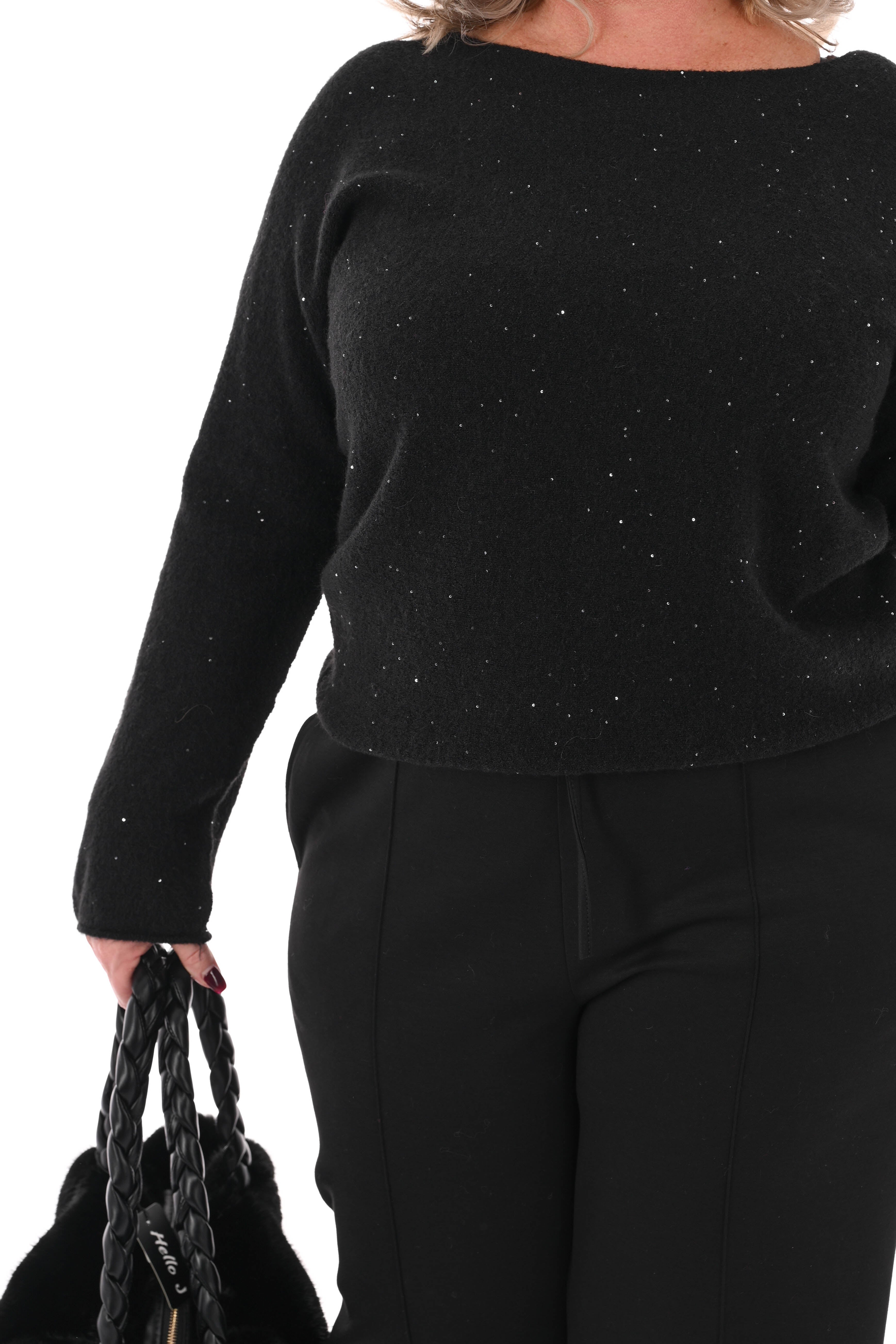 Fijn gebreide trui ronde hals pailletjes zwart