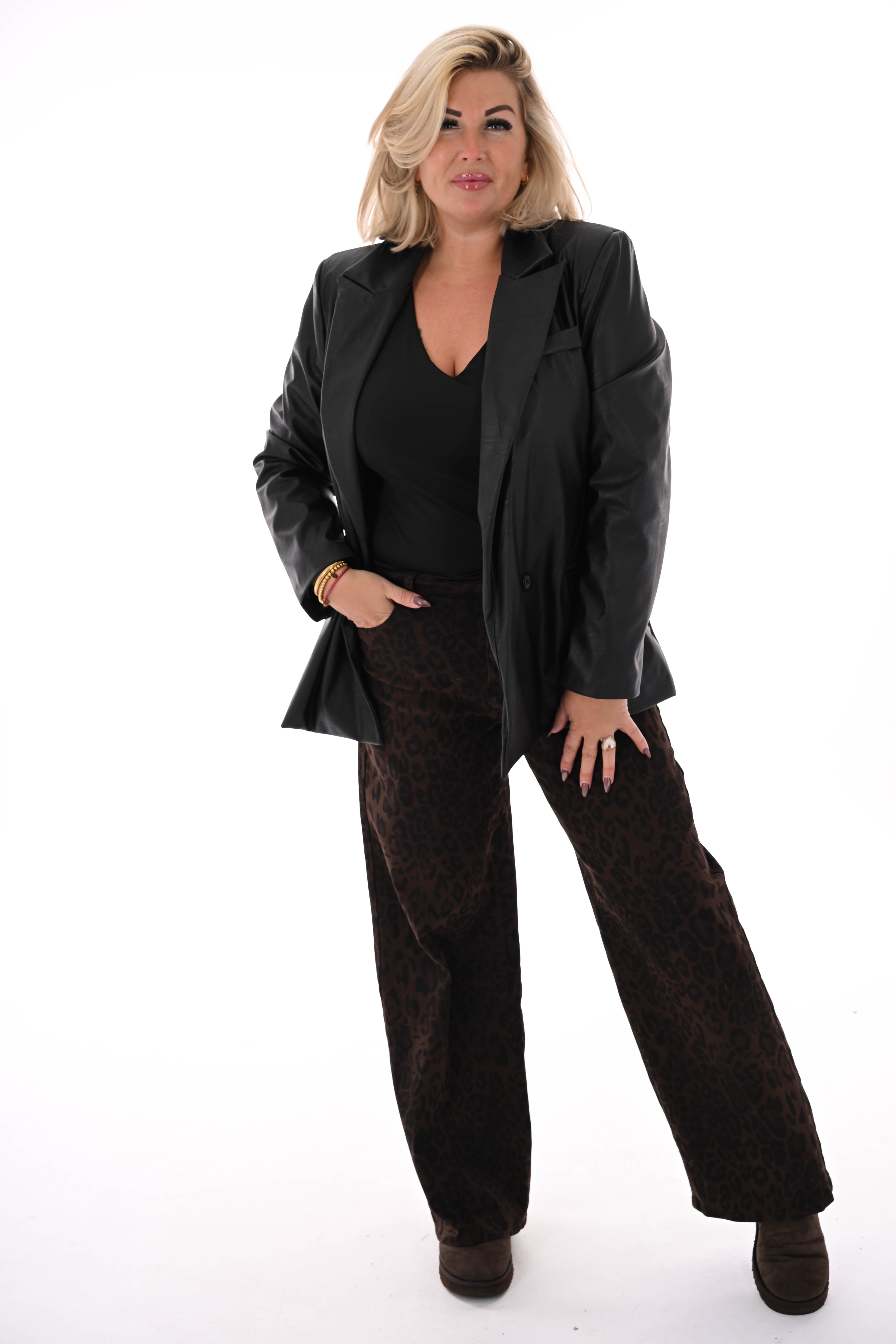 Laulia panterprint broek dad fit donkerbruin