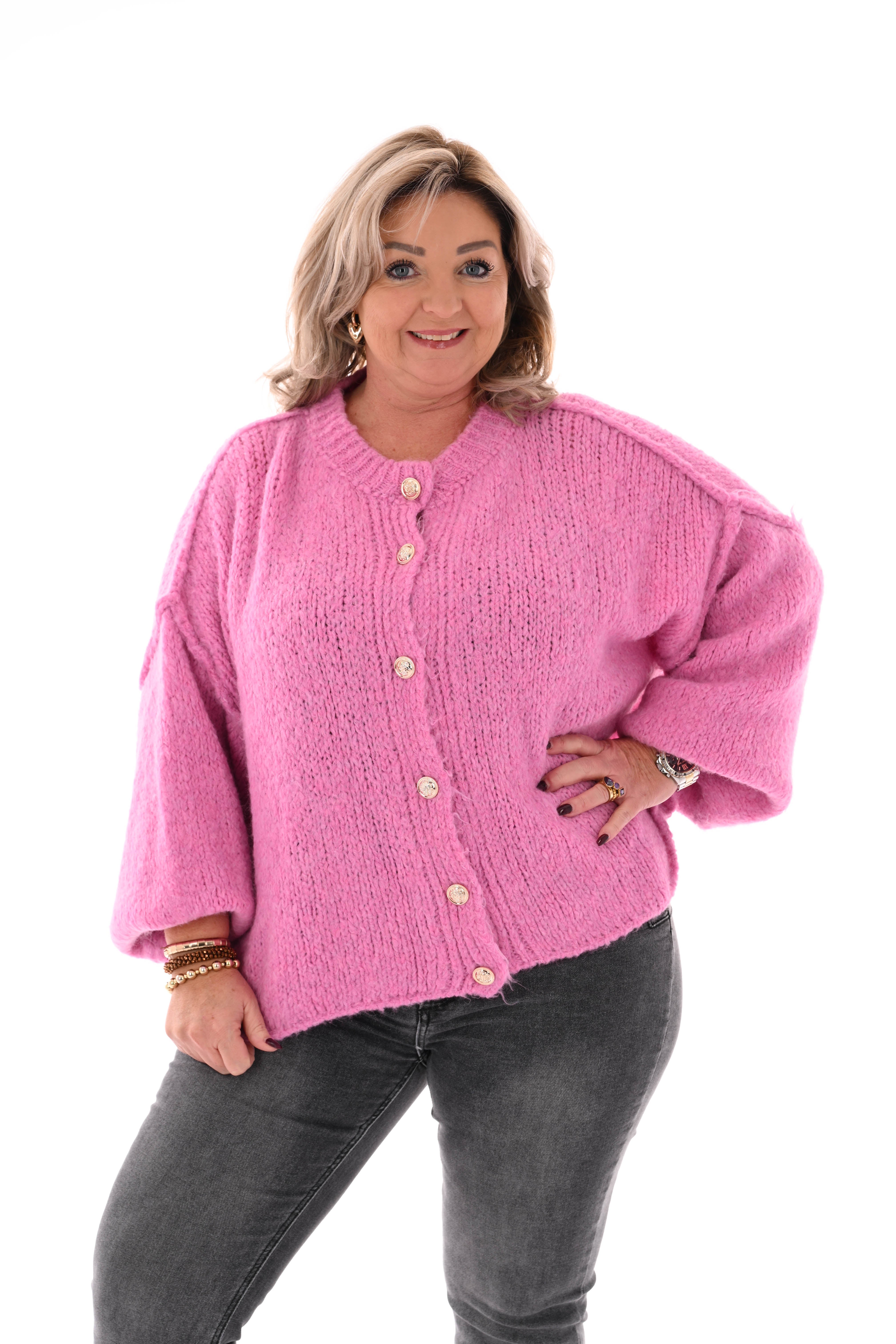 Grof gebreid vest met knopen roze