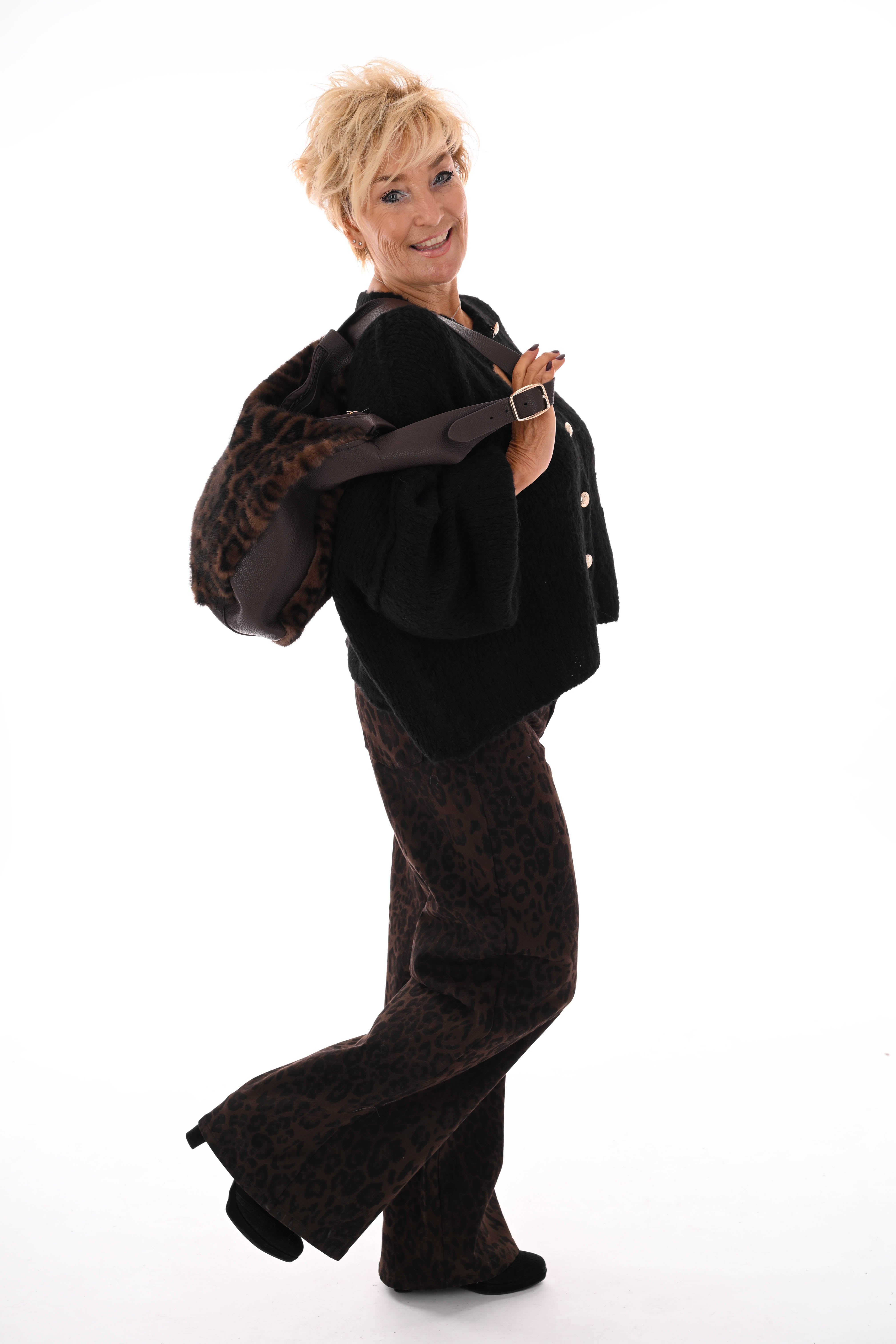 Handtas faux fur panterprint bruin