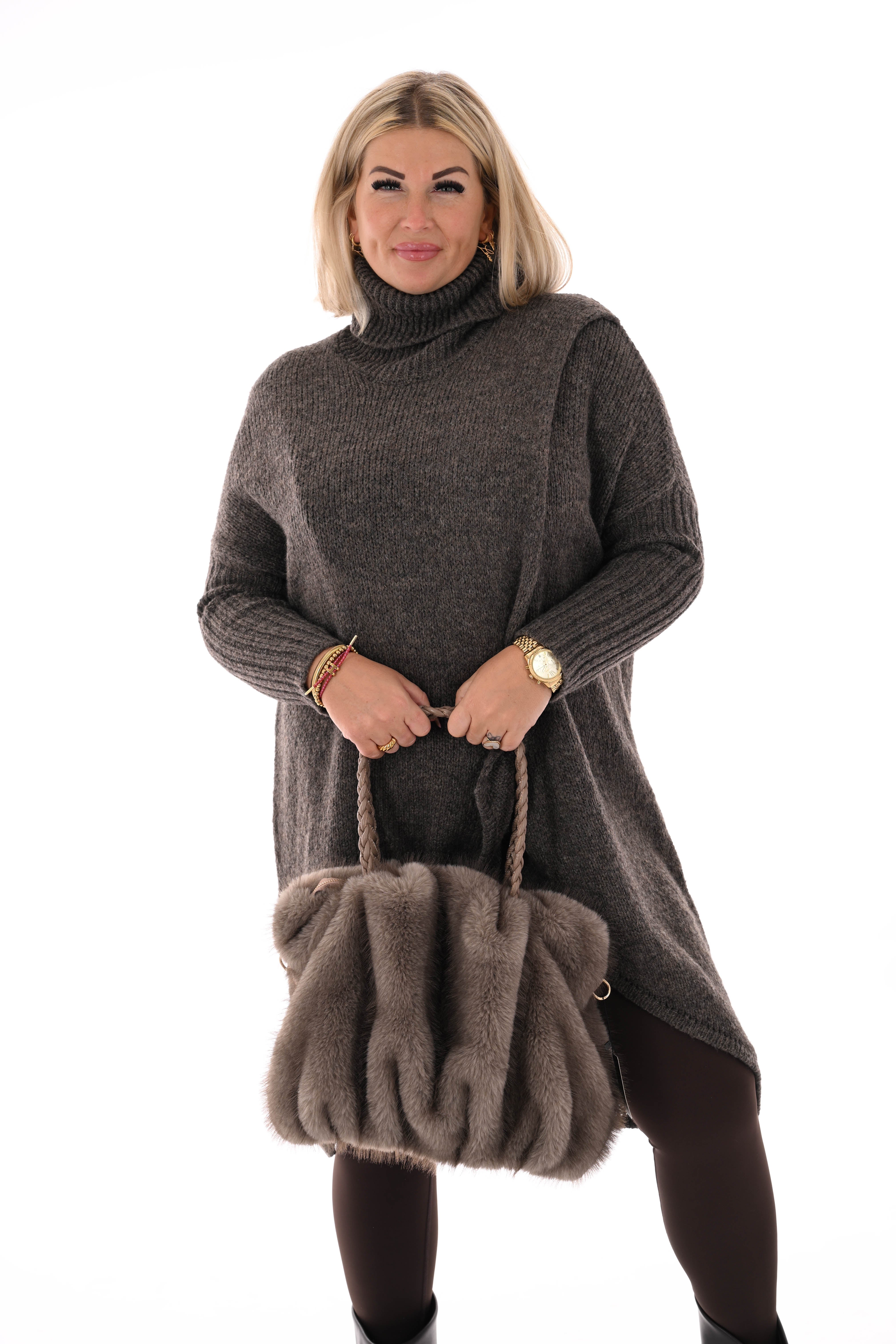 Handtas faux fur dun gevlochten handvat taupe