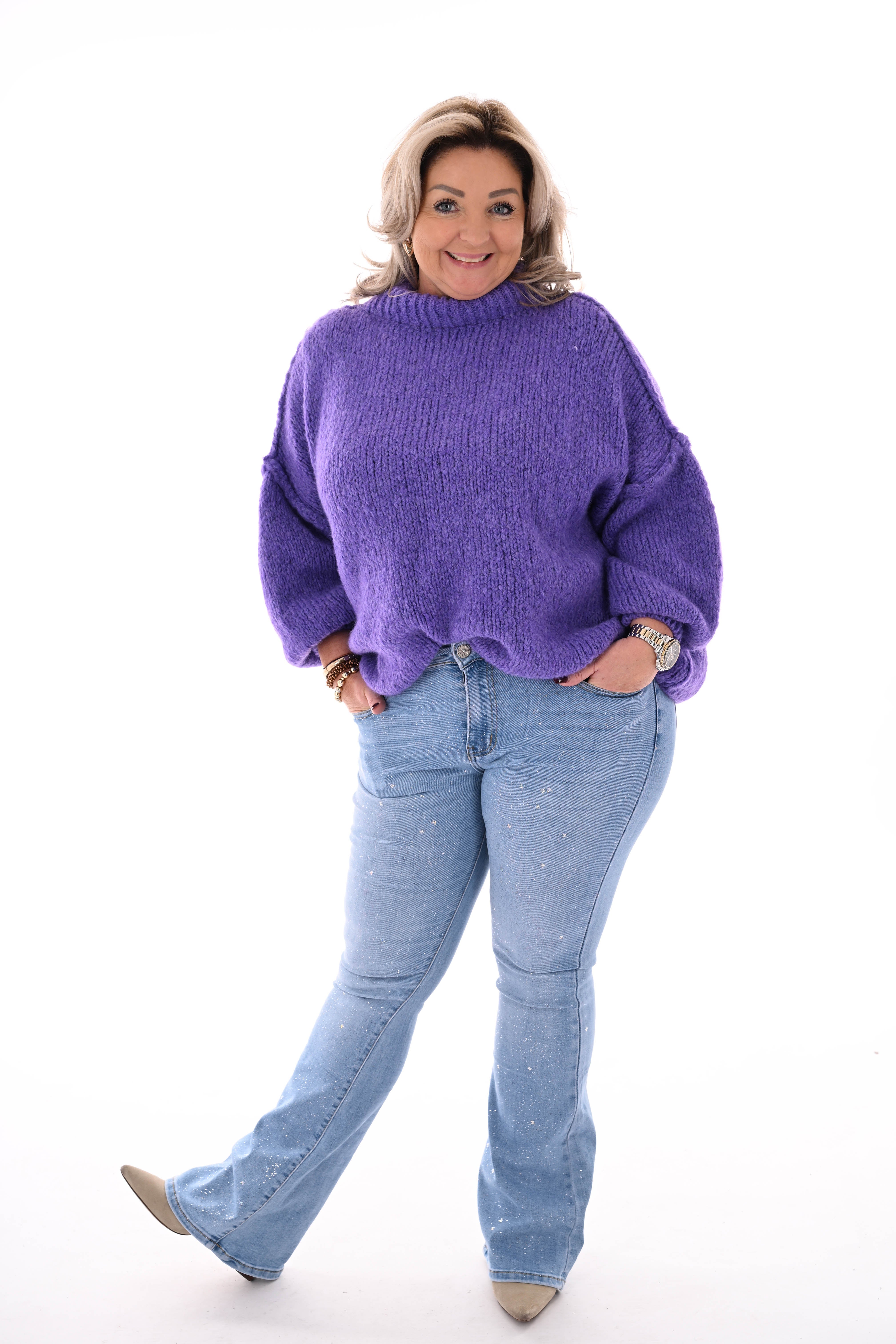 Grof gebreide turtle neck trui paars