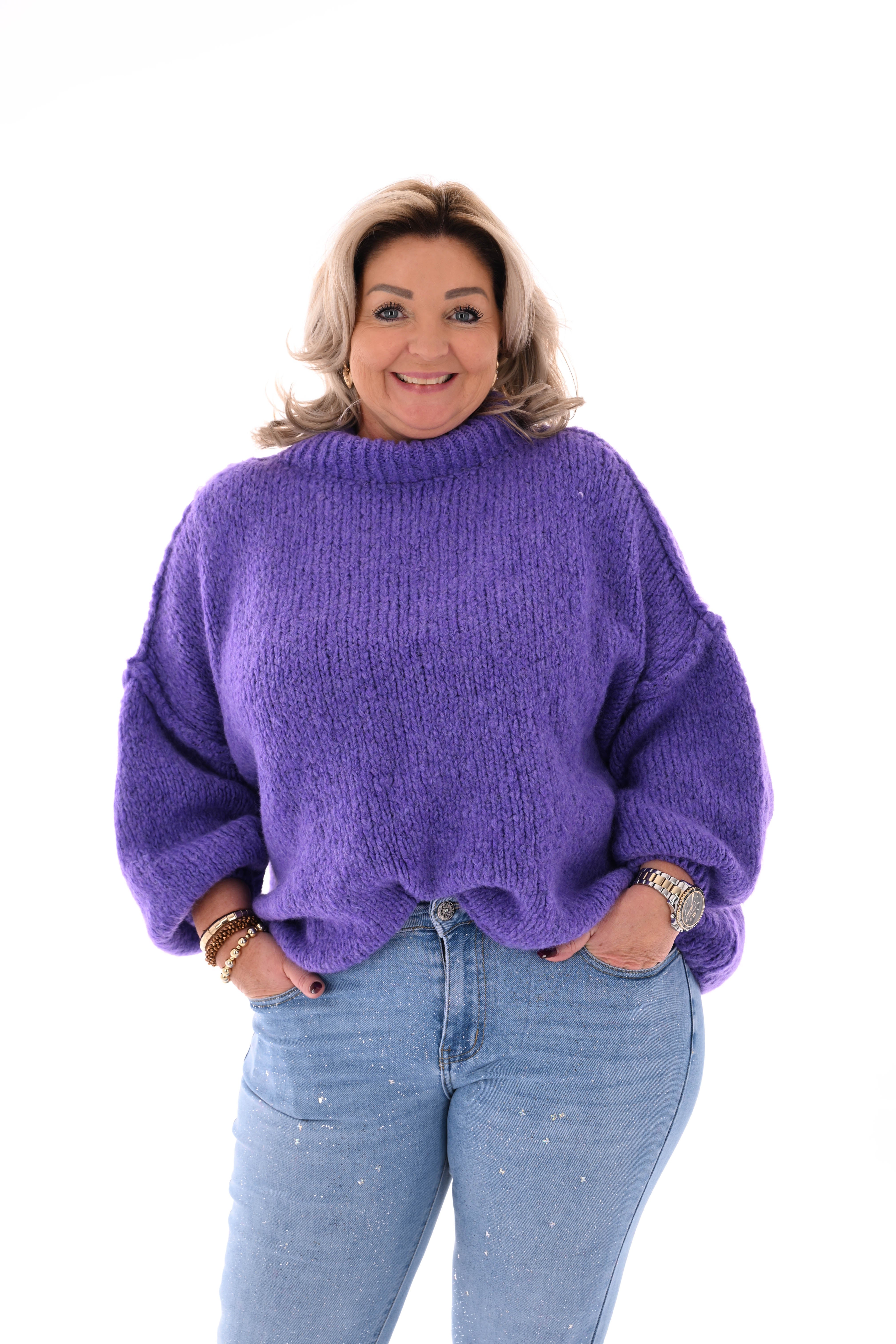 Grof gebreide turtle neck trui paars