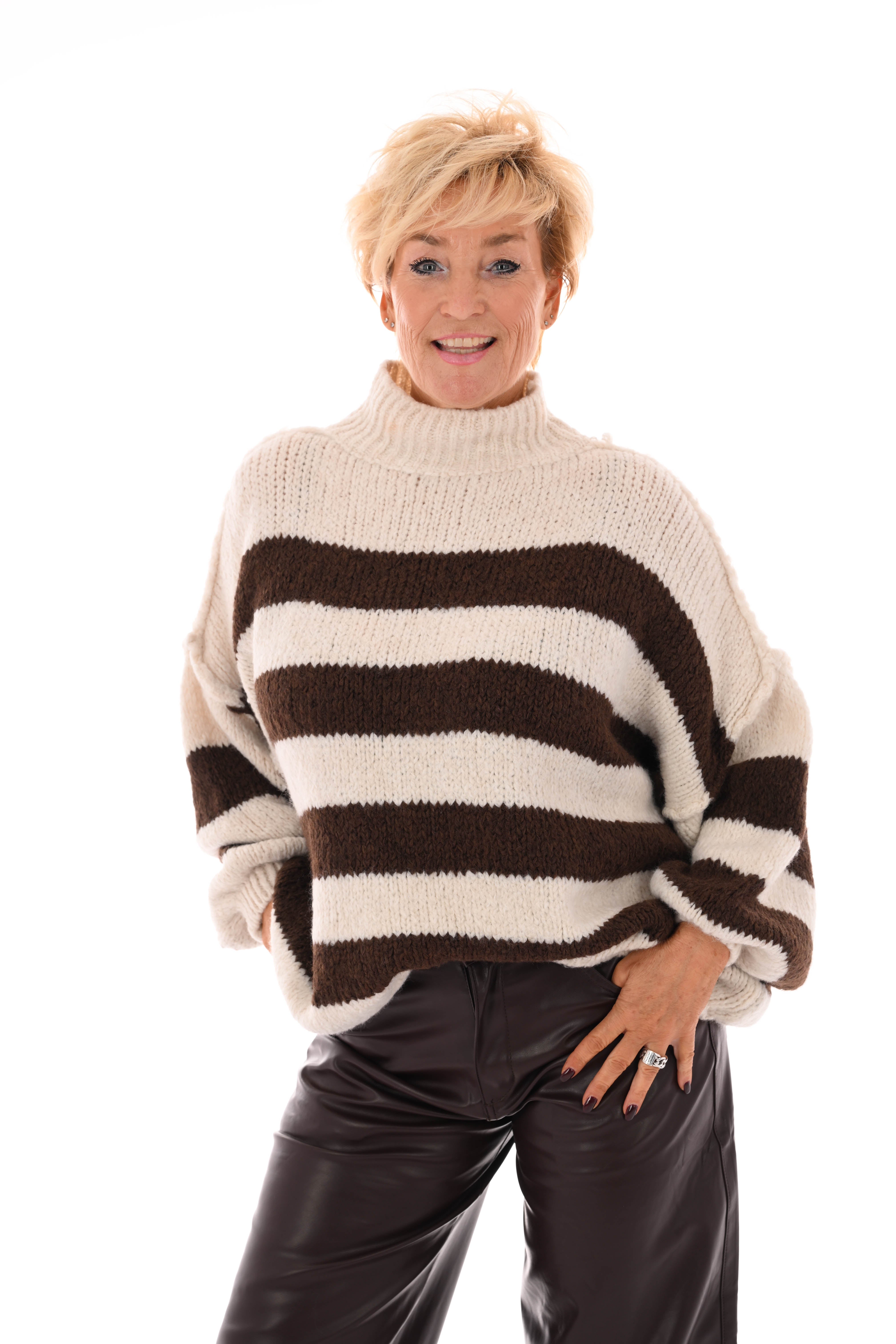 Gebreide trui turtle neck gestreept donkerbruin