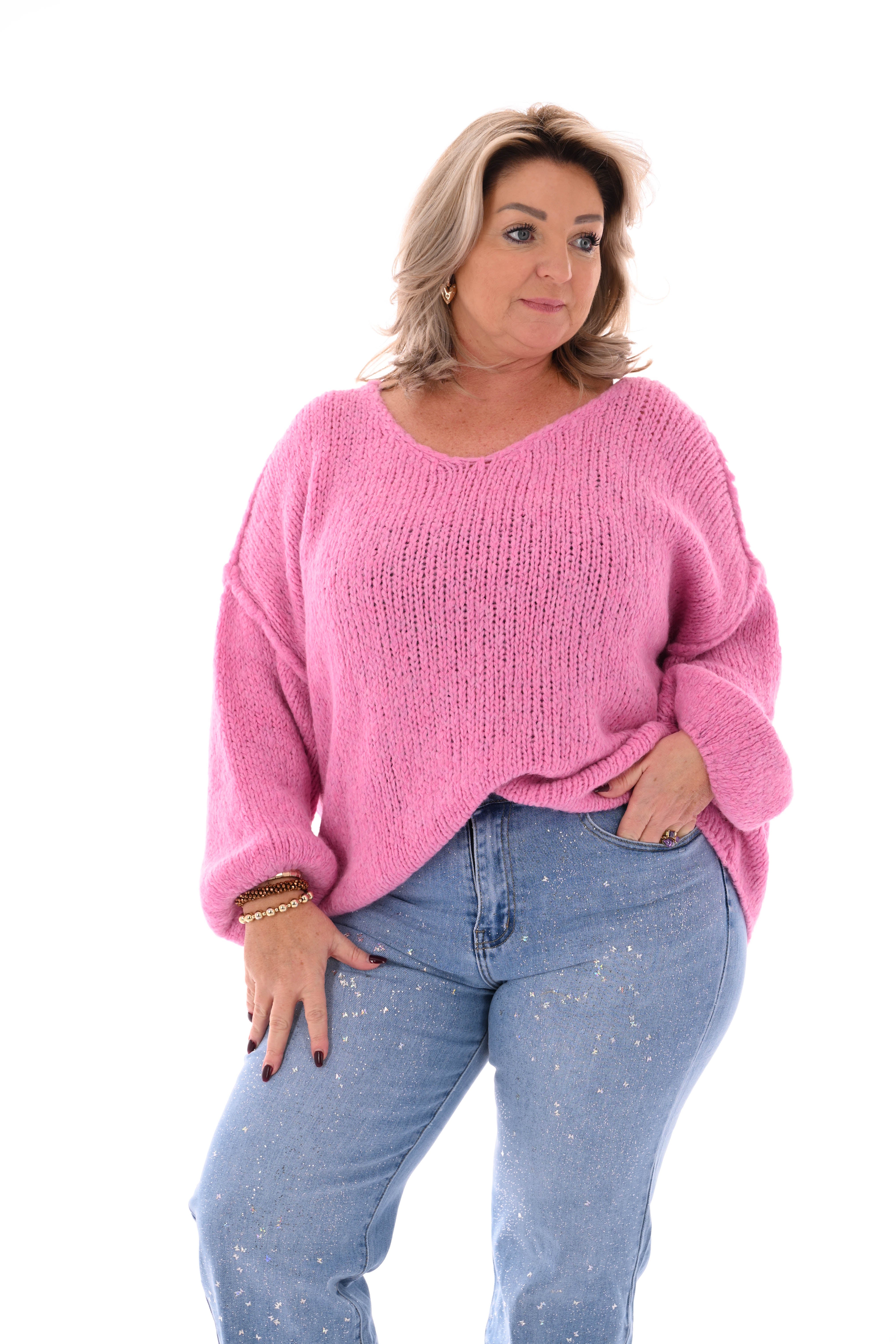 Grof gebreide trui v-hals roze