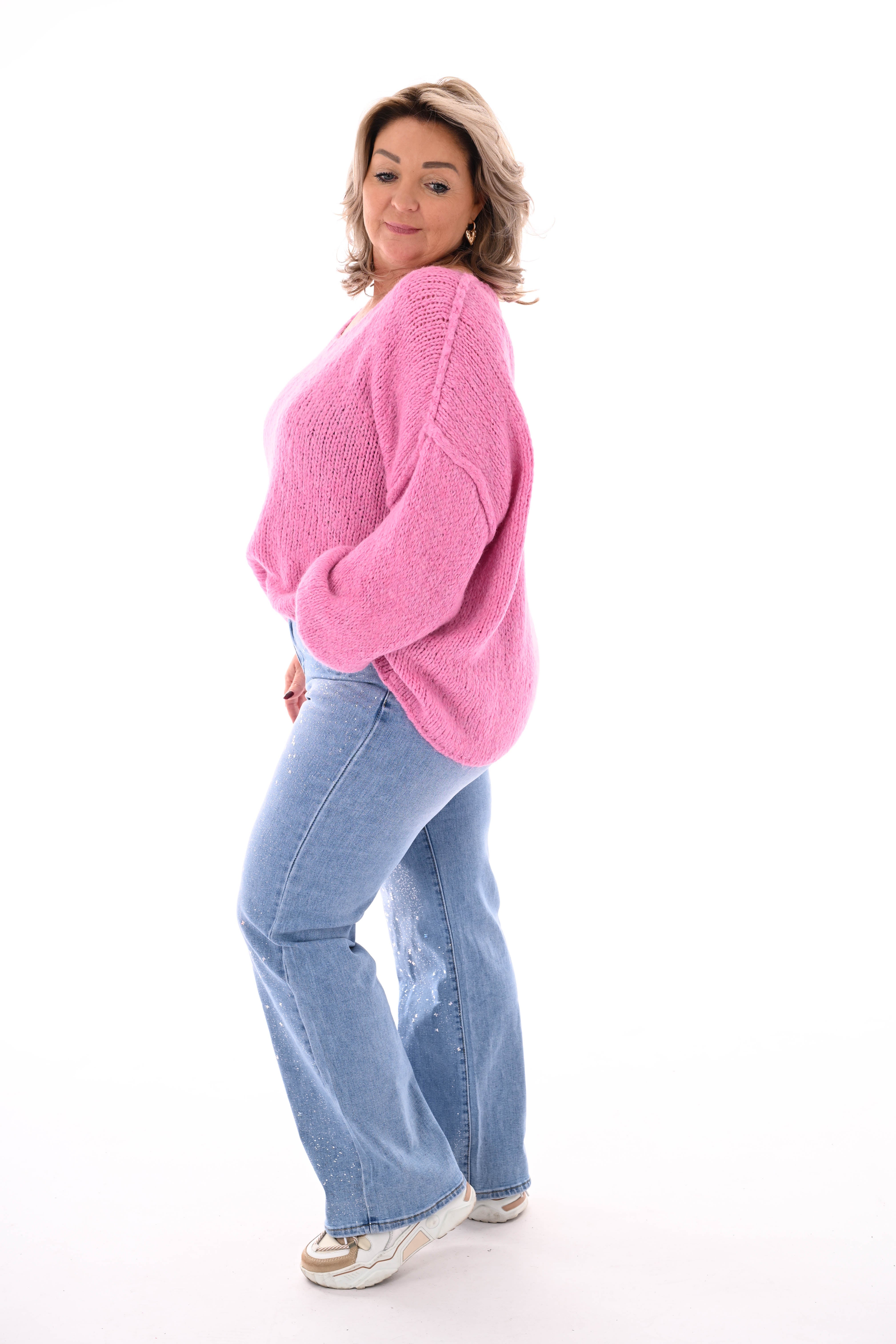 Grof gebreide trui v-hals roze