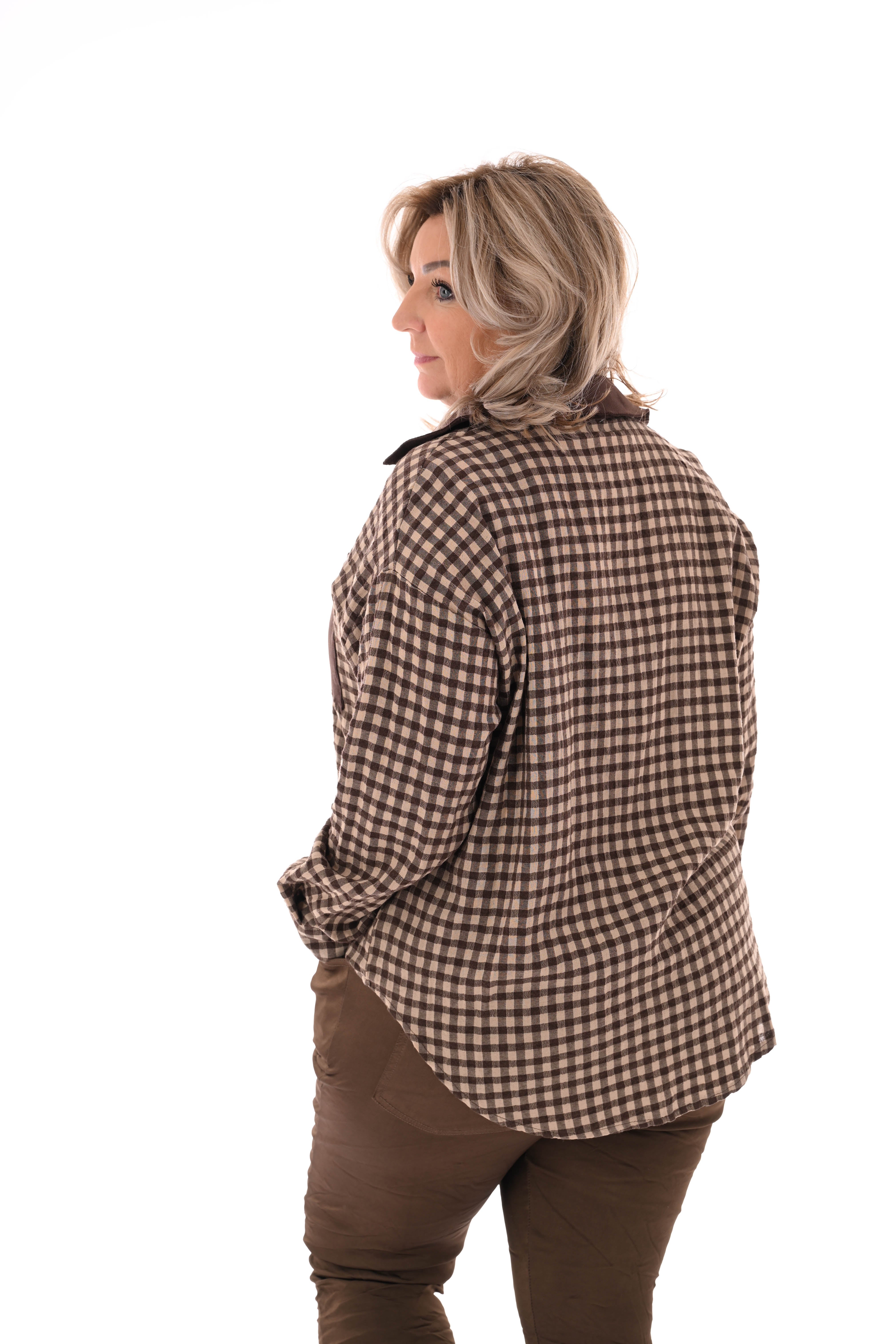 Houthakkers blouse suedelook kraag donkerbruin