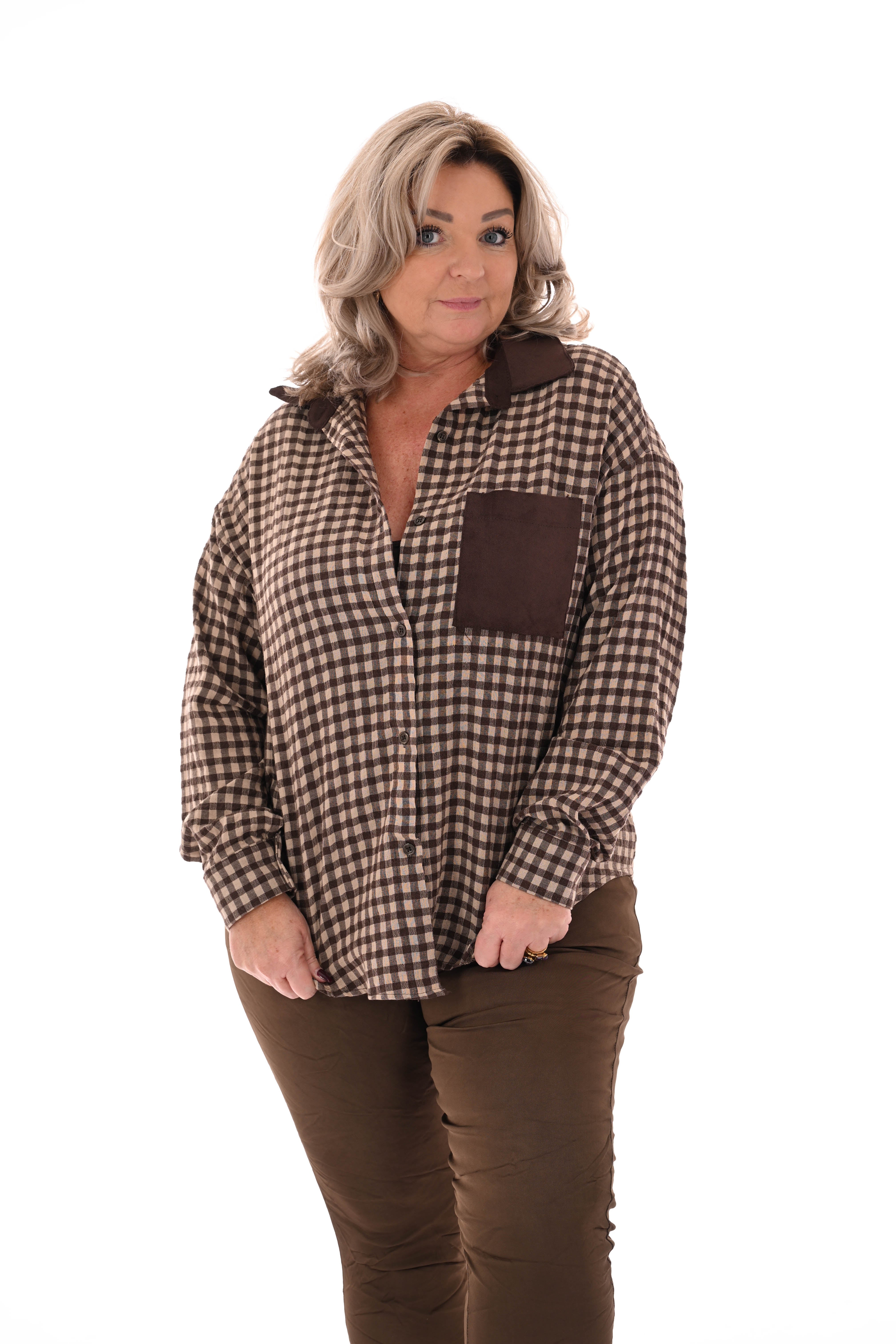 Houthakkers blouse suedelook kraag donkerbruin