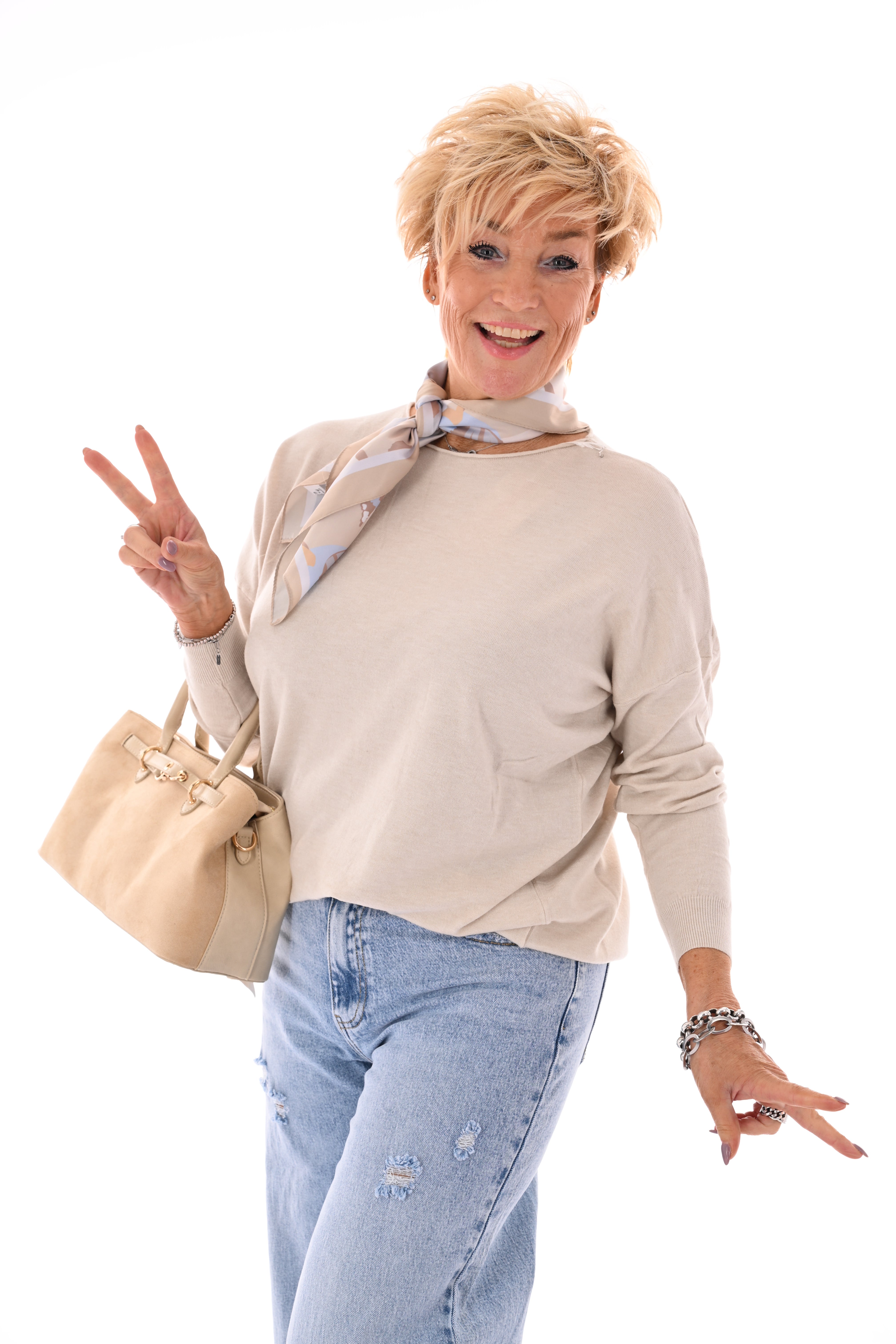 Top lange mouwen ronde hals uni beige