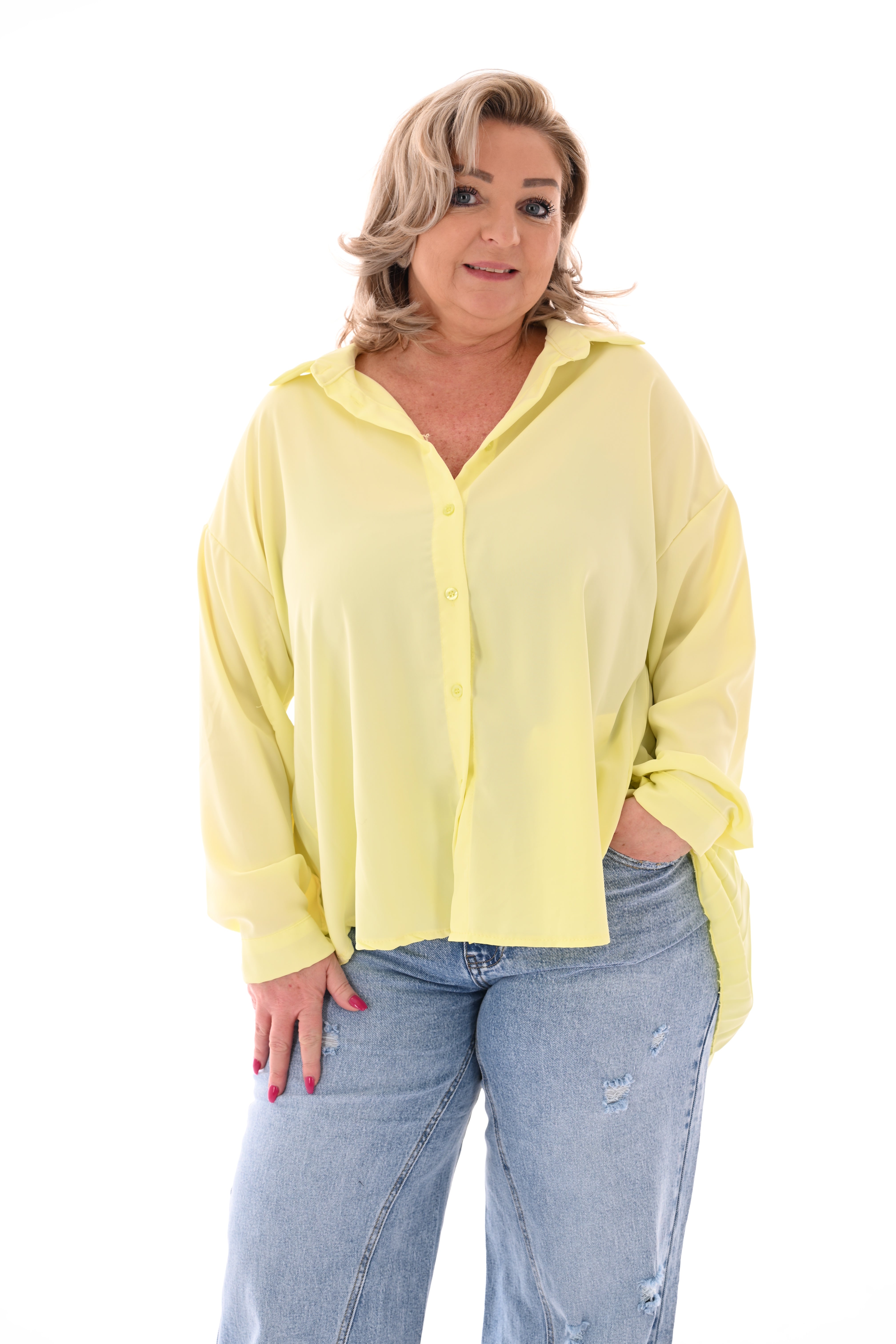 Blouse plooienrug uni lichtgeel