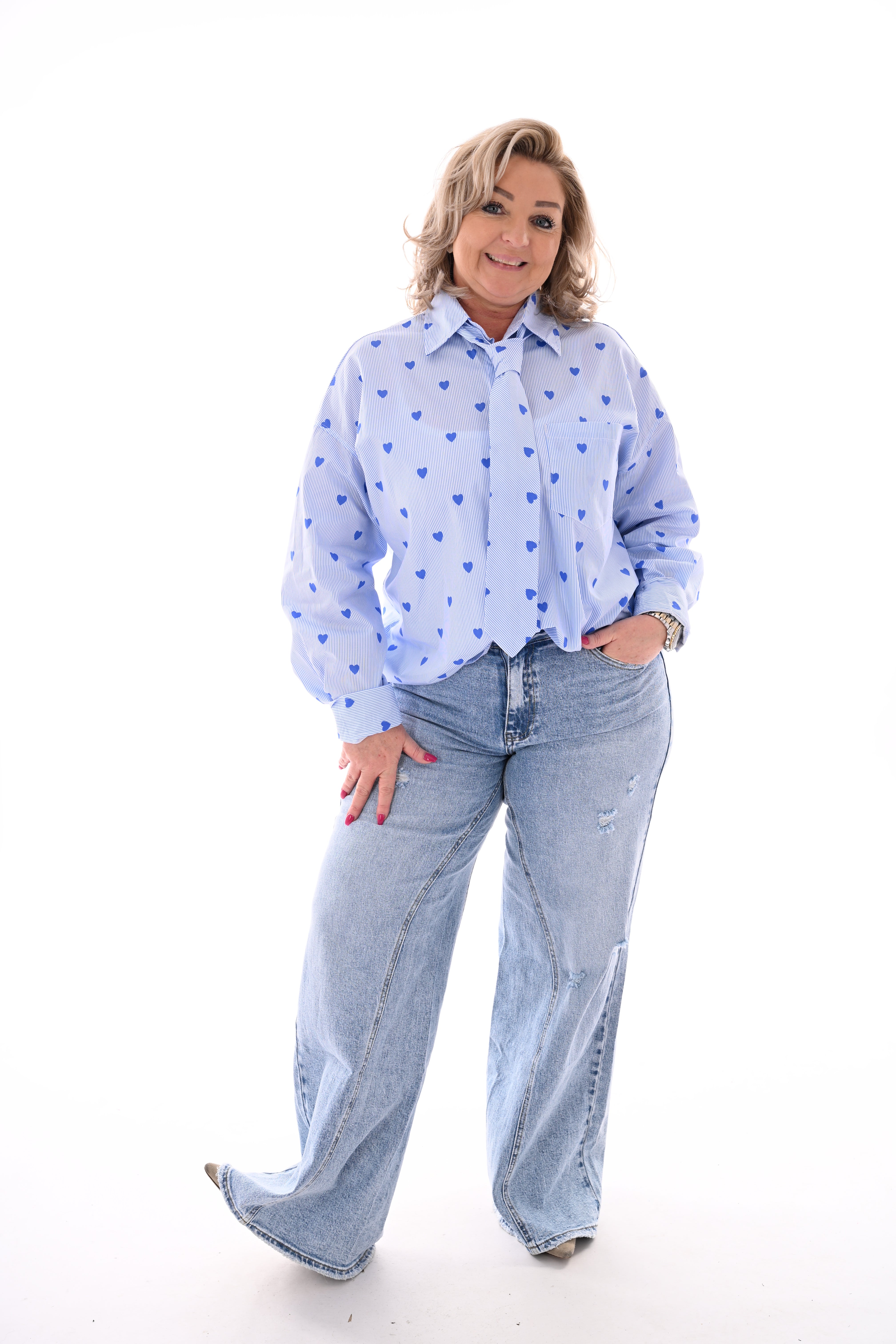 Blouse fijne streep hartjes blauw