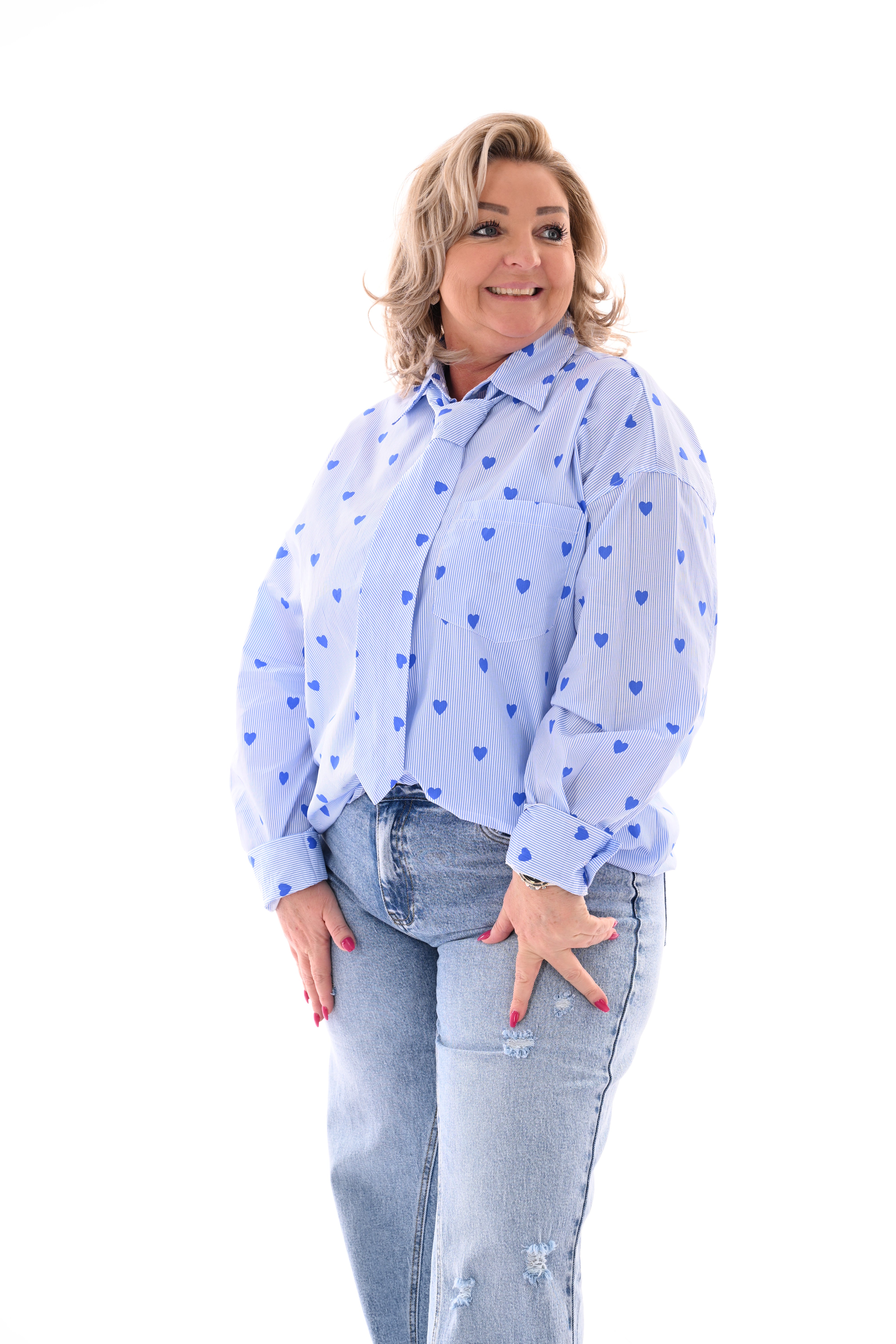 Blouse fijne streep hartjes blauw