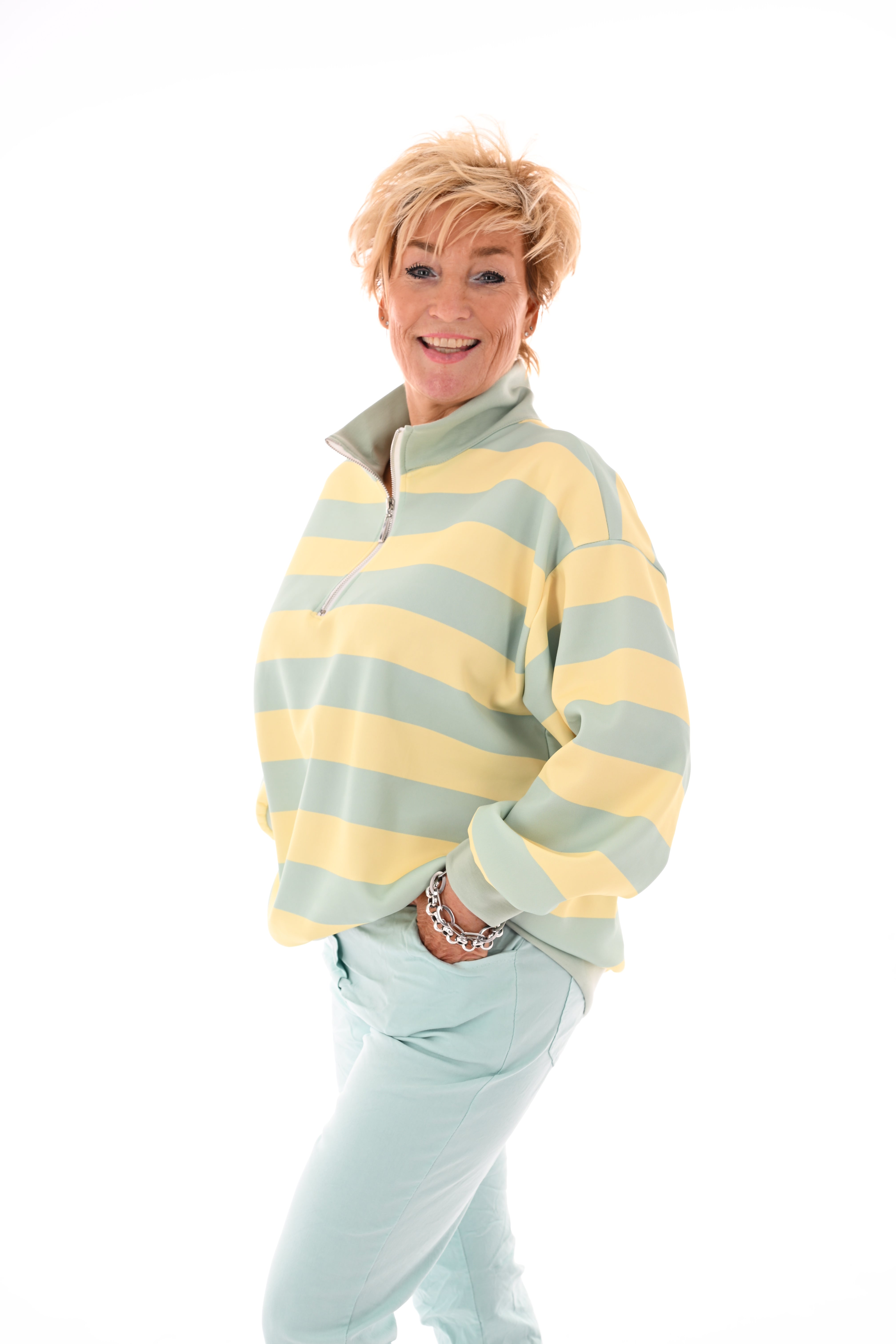 Sweater strepen met rits lichtgeel/lichtgroen