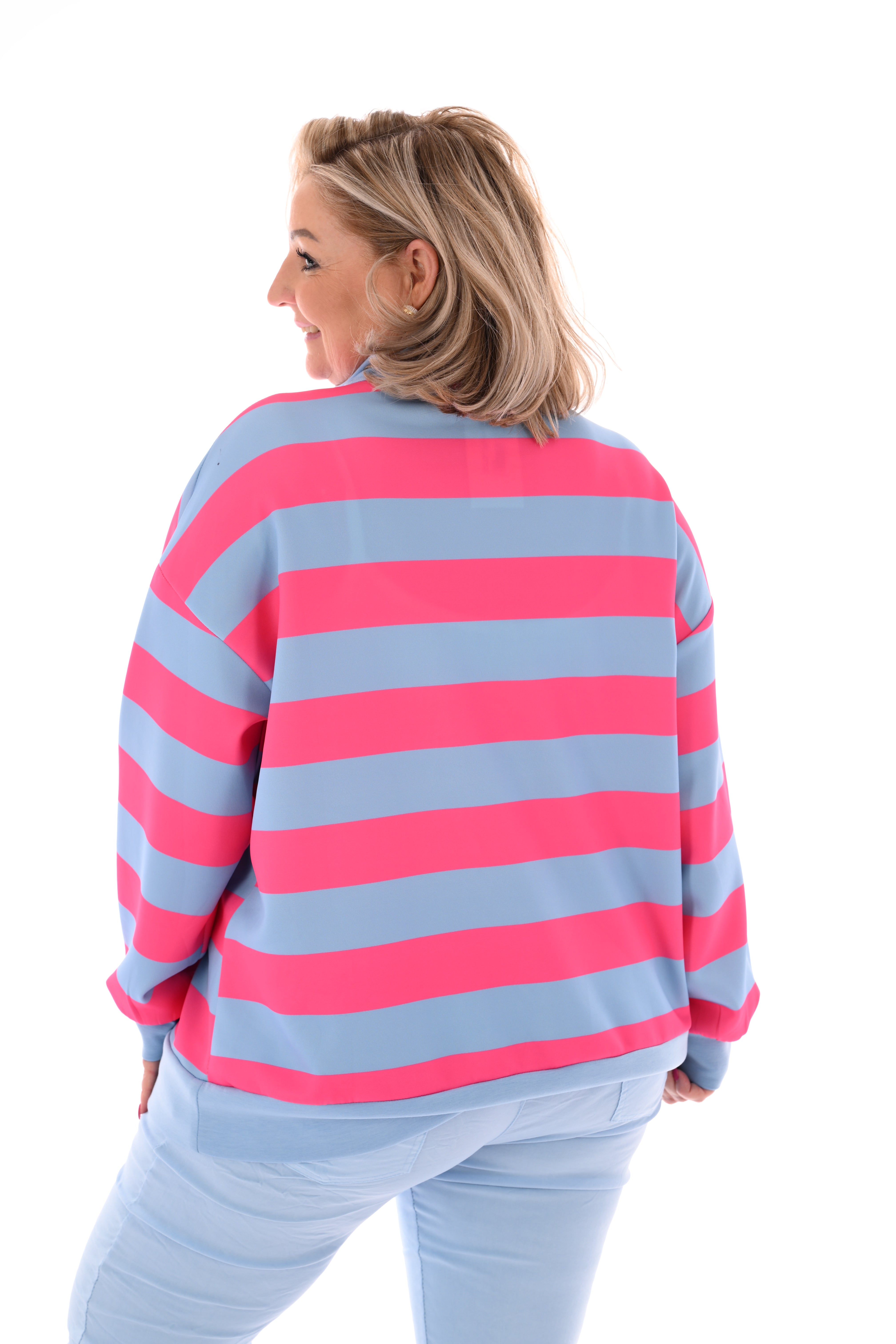Sweater strepen met rits fuchsia/lichtblauw