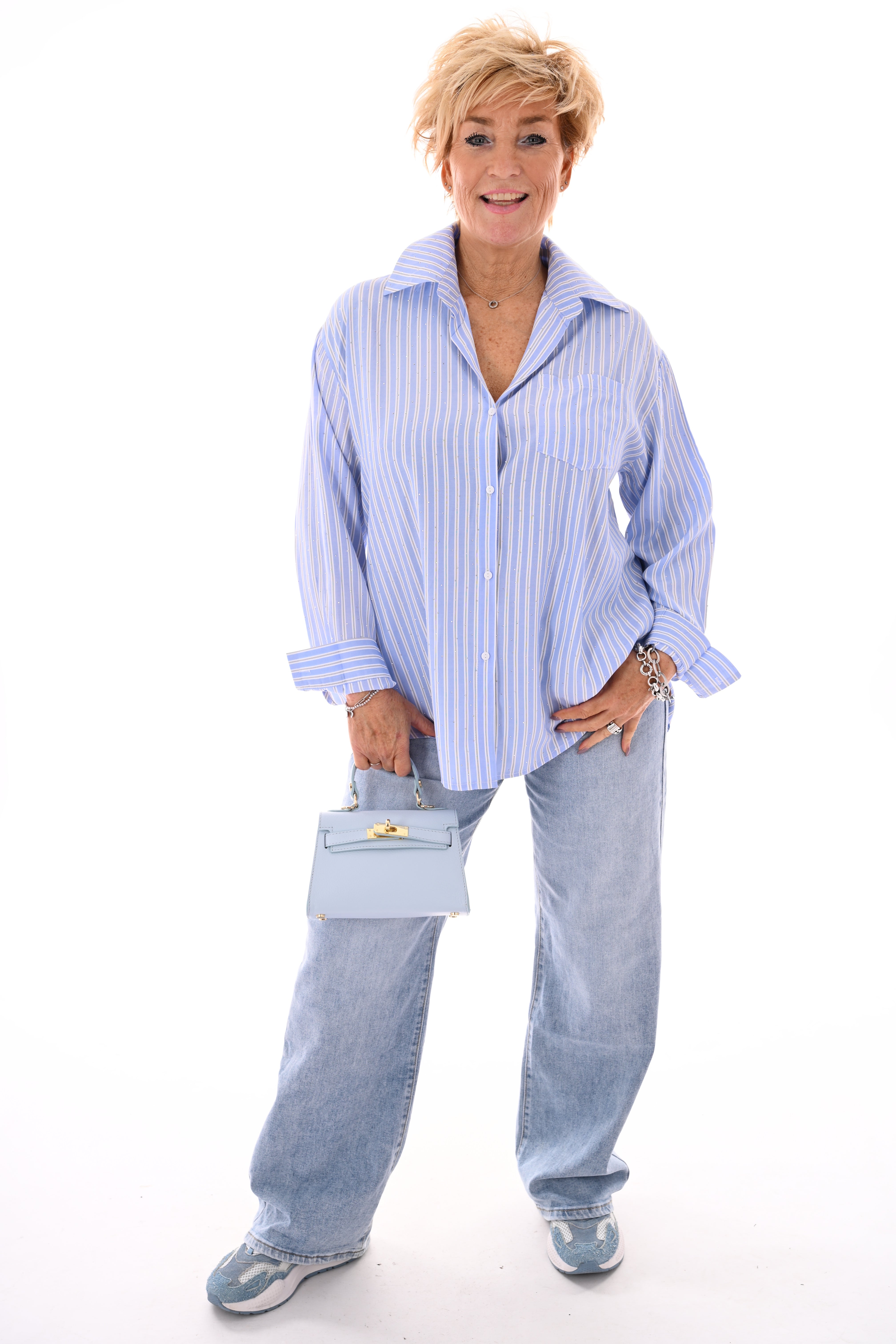 Blouse strepen strass lichtblauw