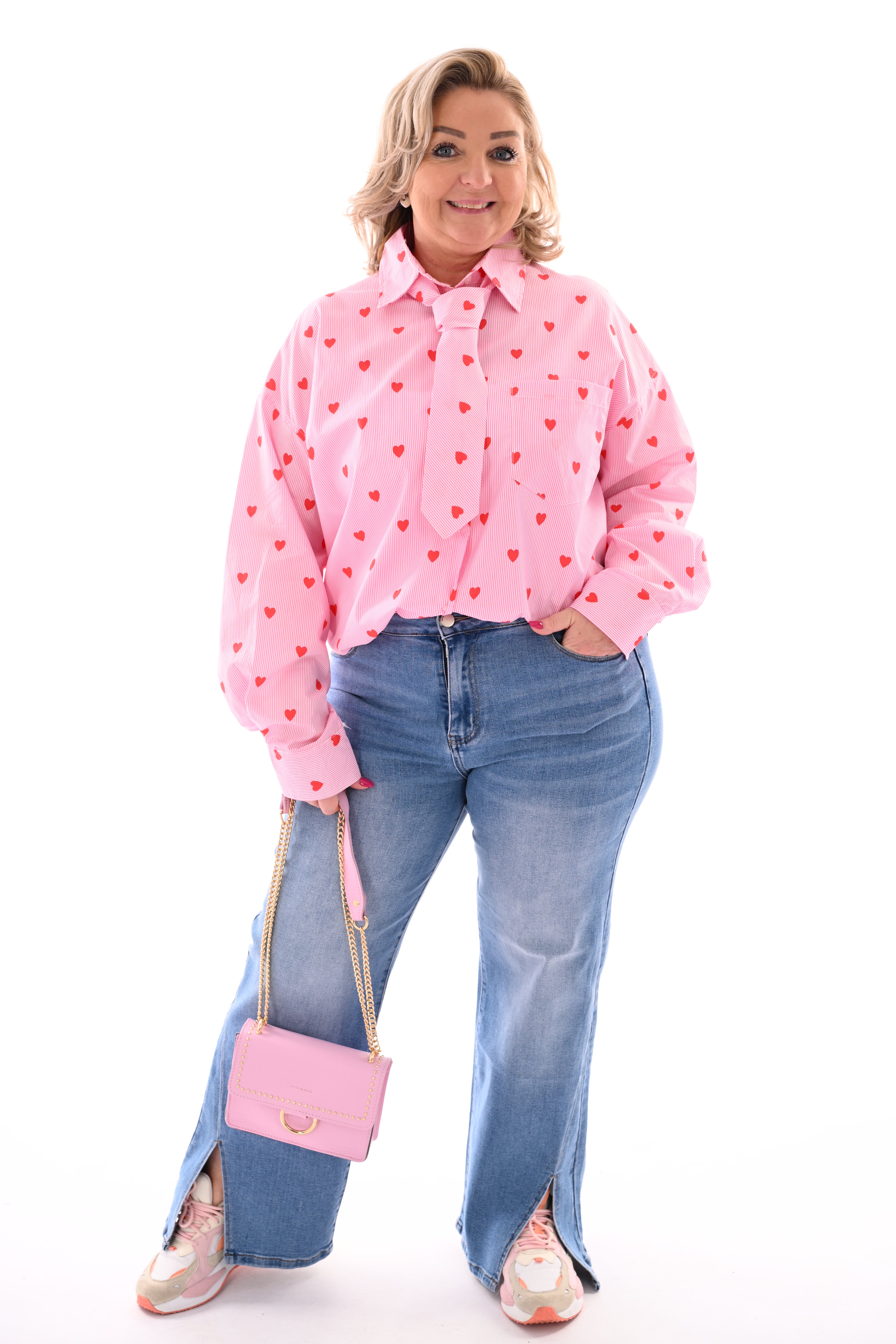 Blouse fijne streep hartjes roze