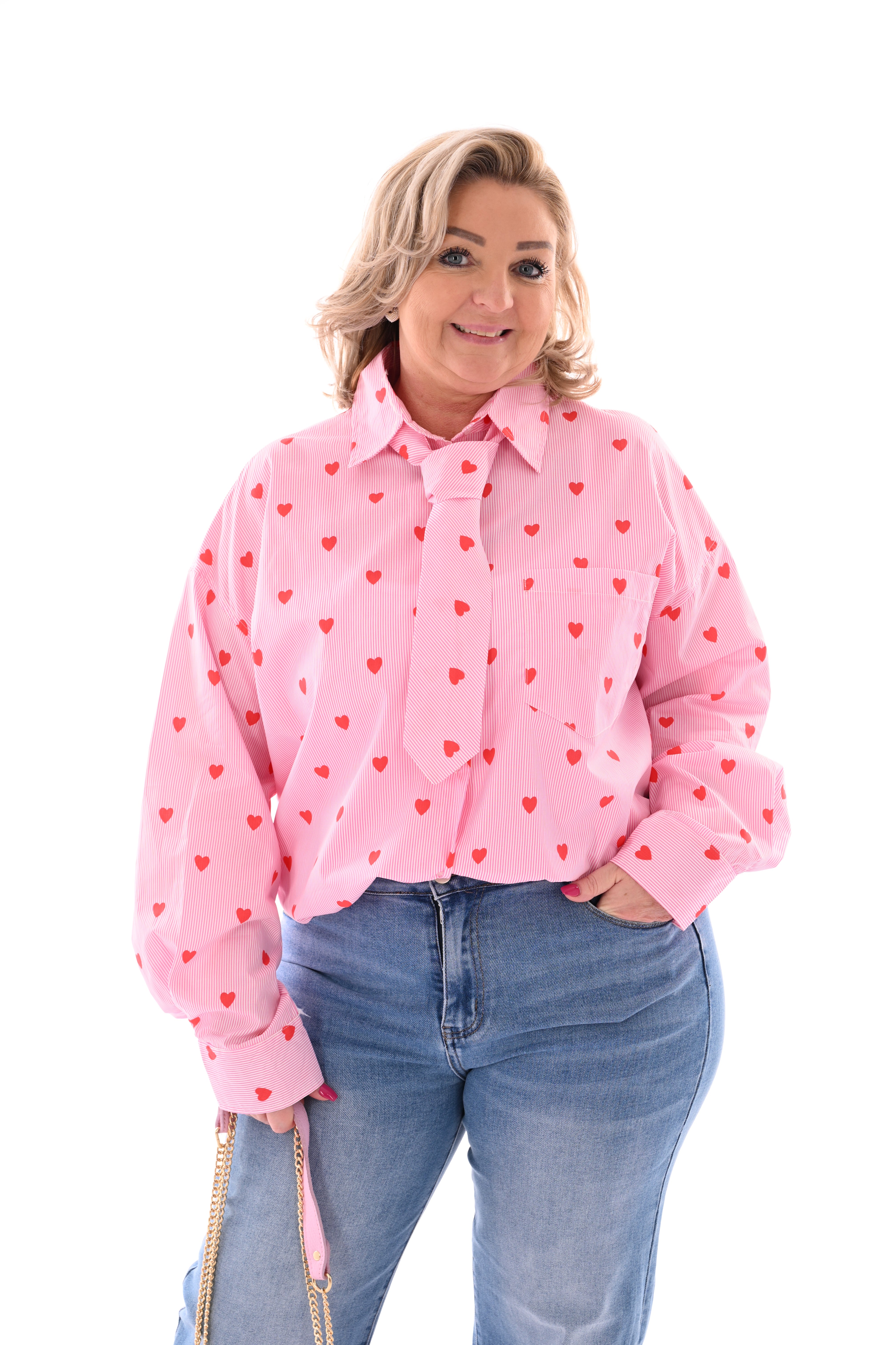 Blouse fijne streep hartjes roze