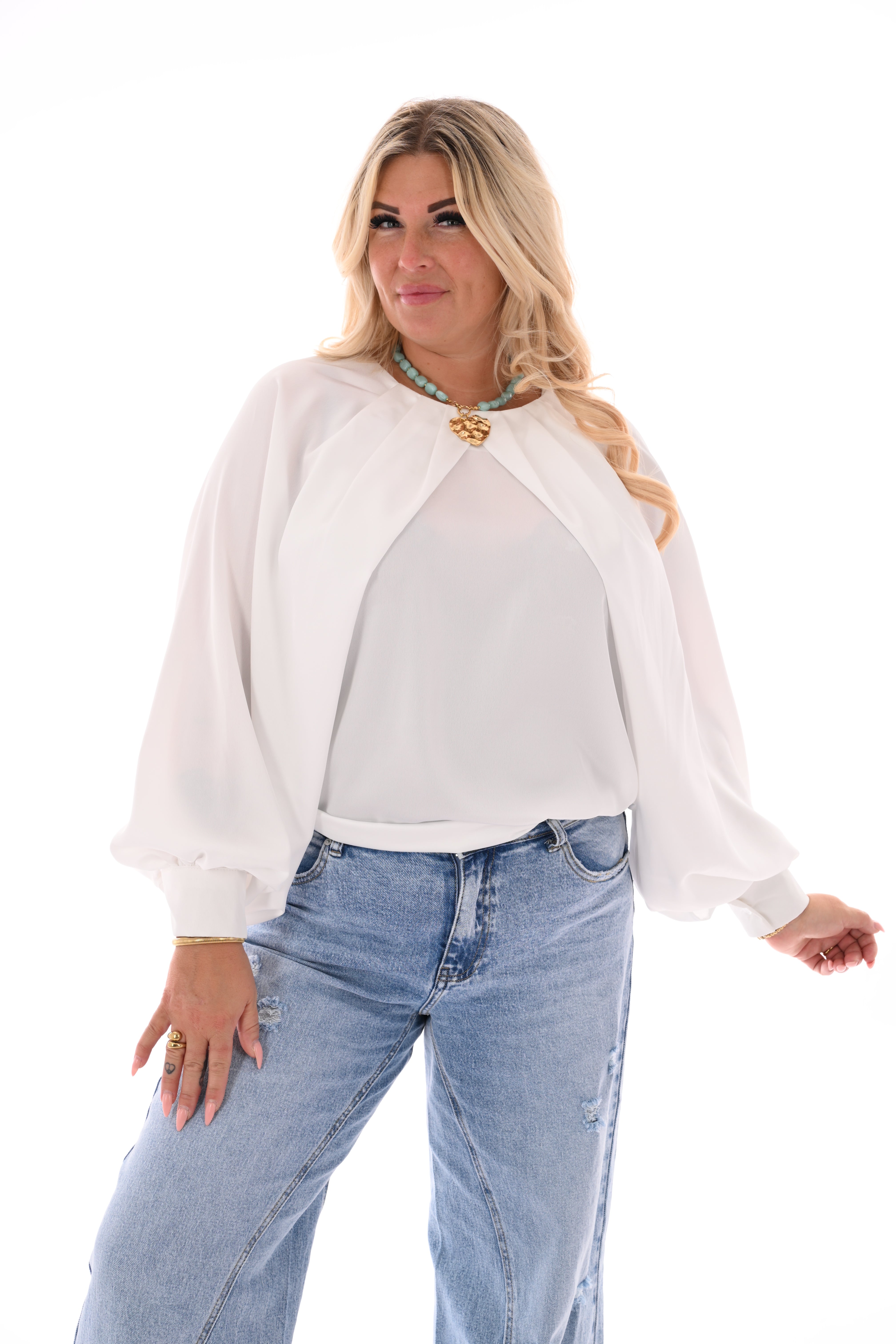 Silky blouse met pofmouwen roomwit