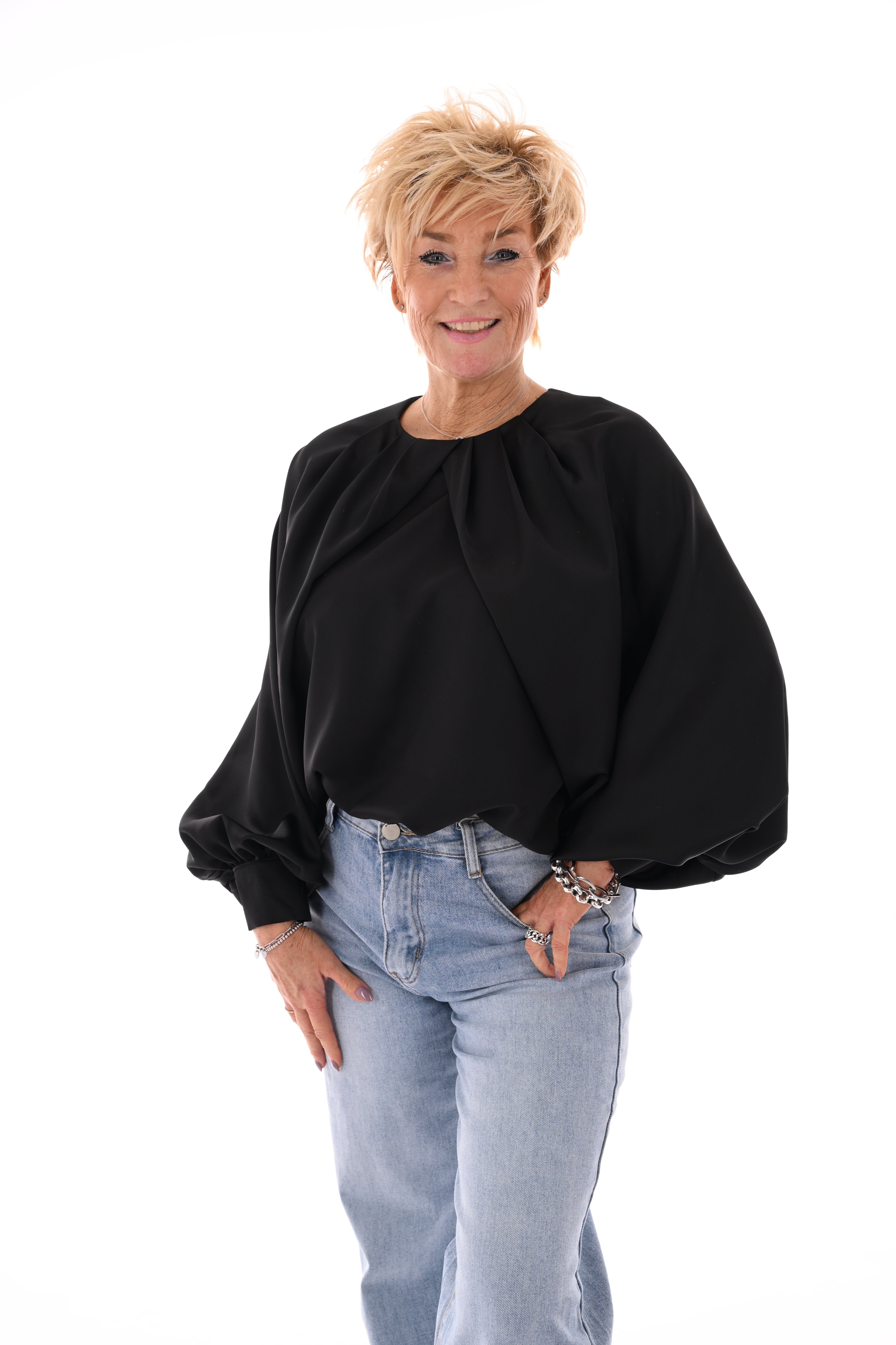 Silky blouse met pofmouwen zwart